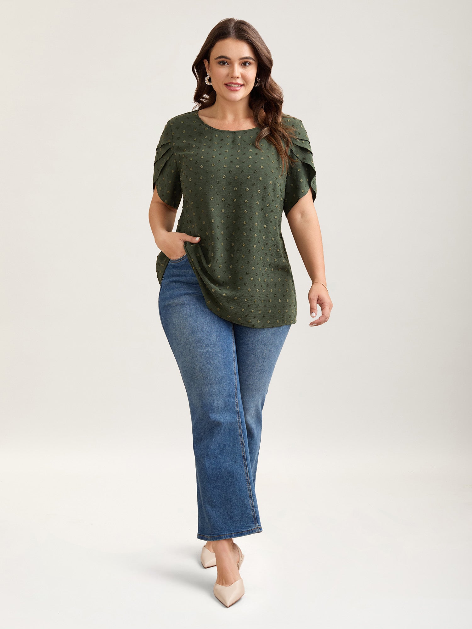 Textured Color Contrast Petal Sleeve Blouse