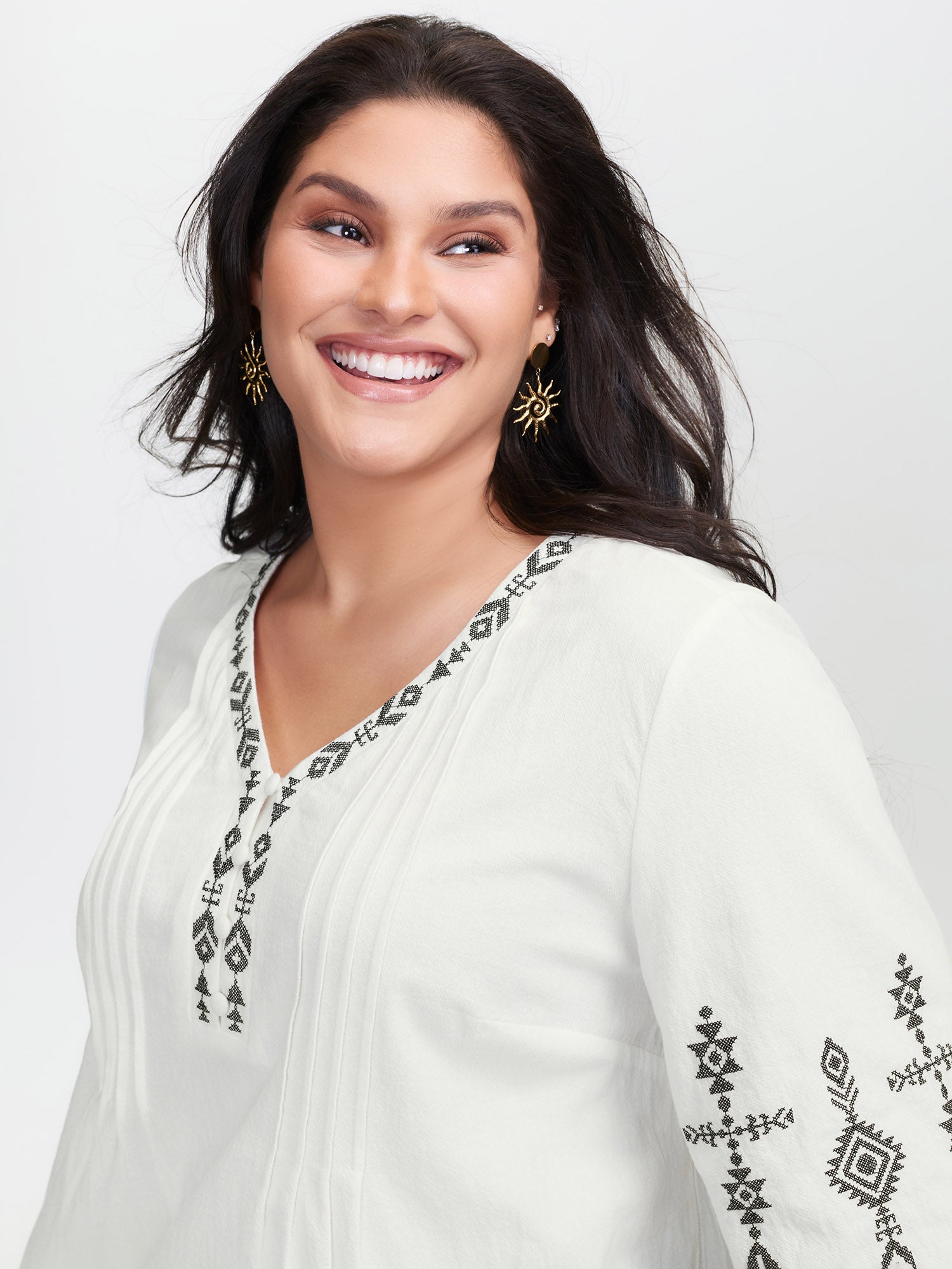Cotton Boho Embroidery V-Neck Blouse