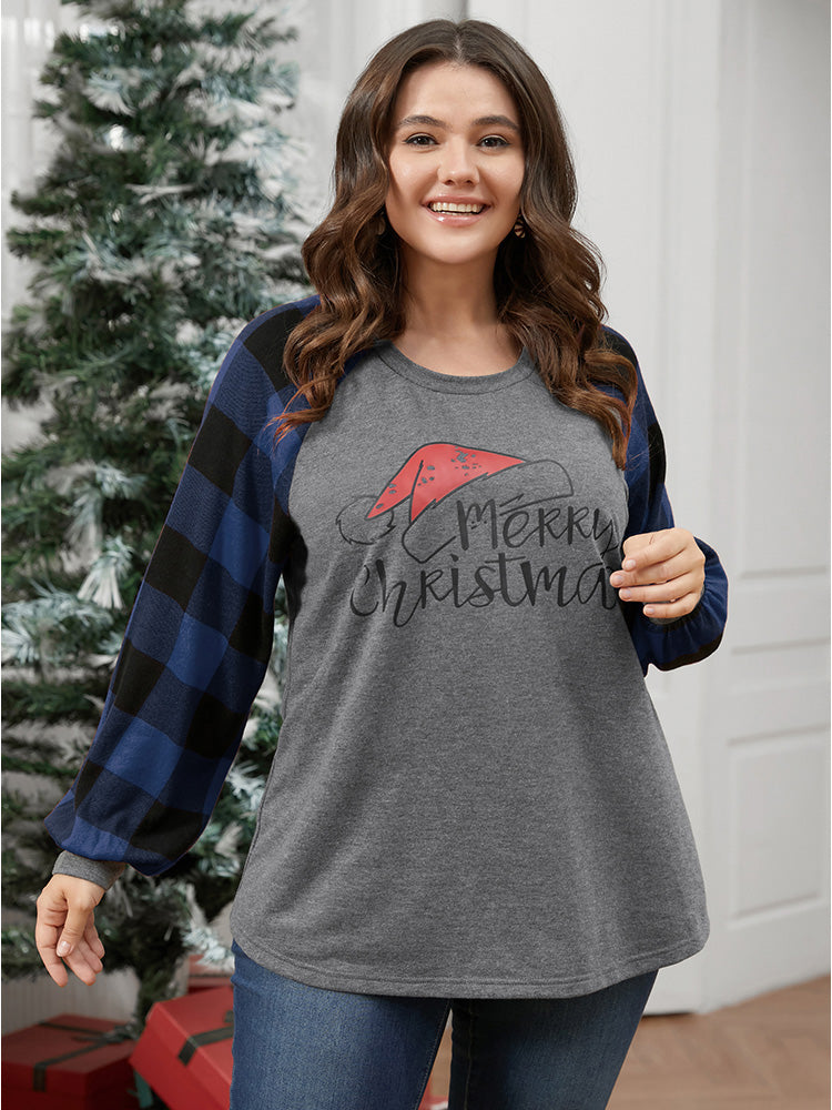 Letter Print Round Neck Plaid Long Tee