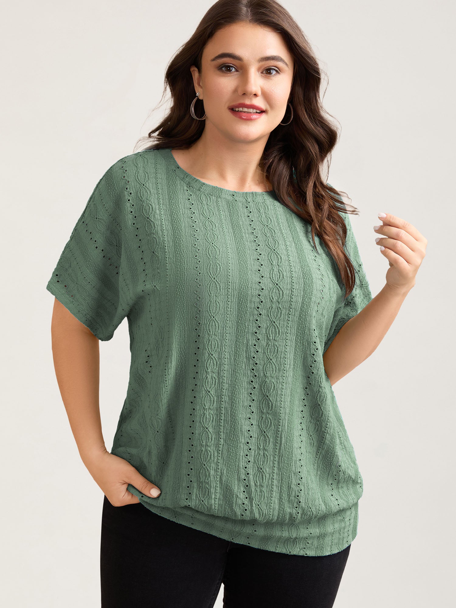 Eyelet Trim Stretchy Textured Plain Top