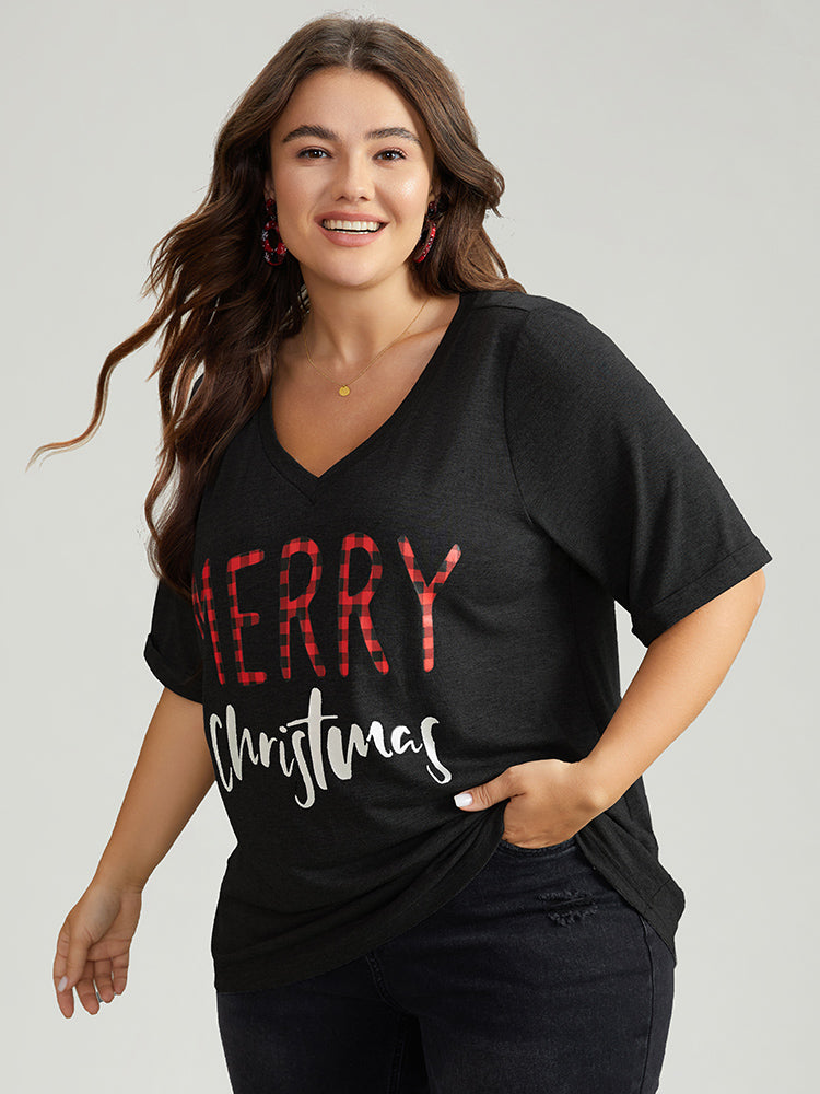 Christmas Gingham Patchwork V Neck T-shirt