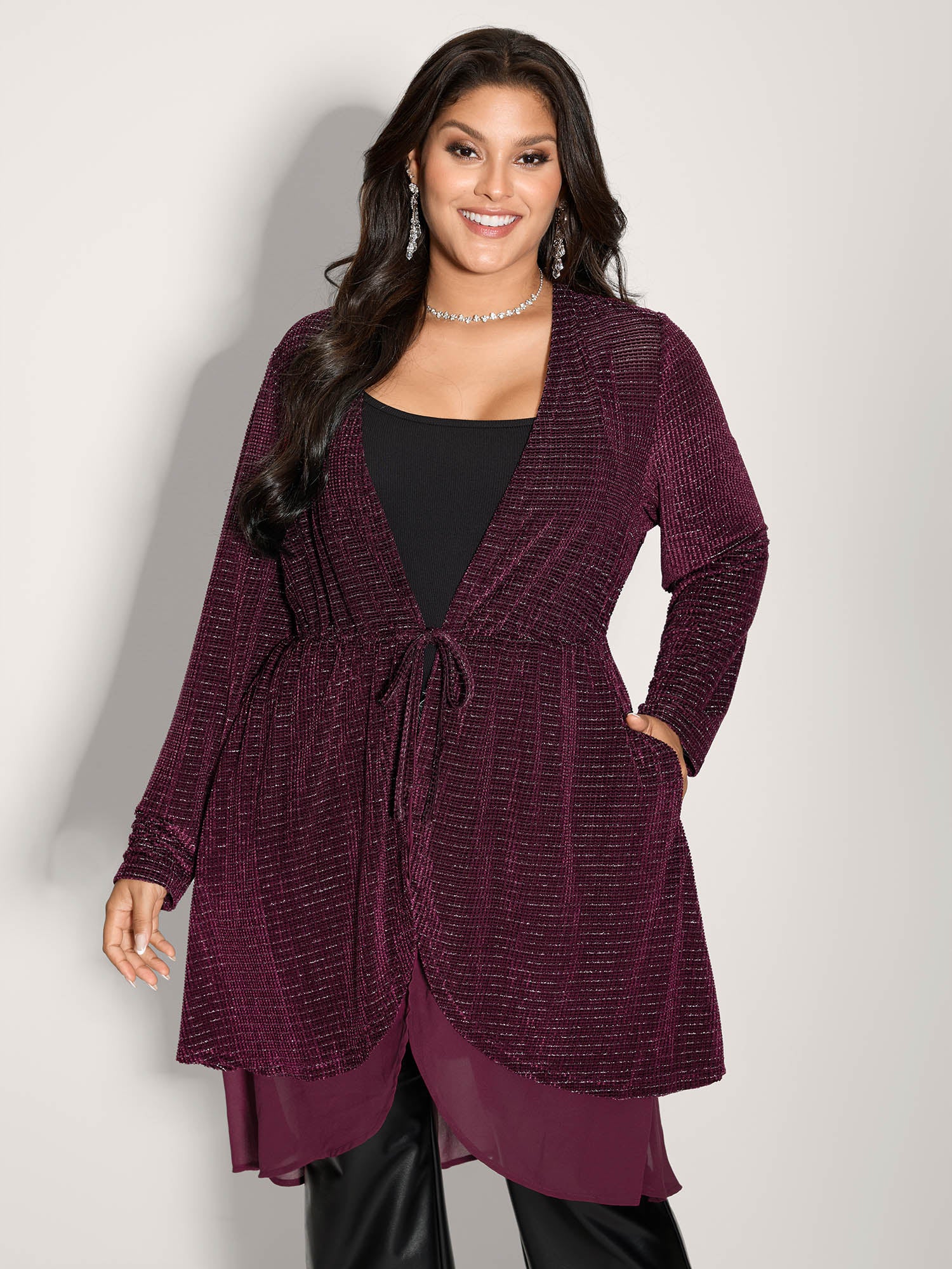 Textured Velvet Spliced Front-Tie Jacket