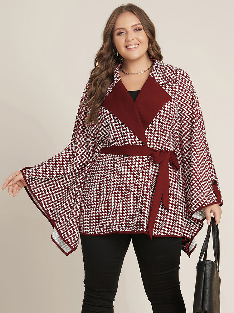 Houndstooth Contrast Dolman Sleeve Suit Collar Belted Coat