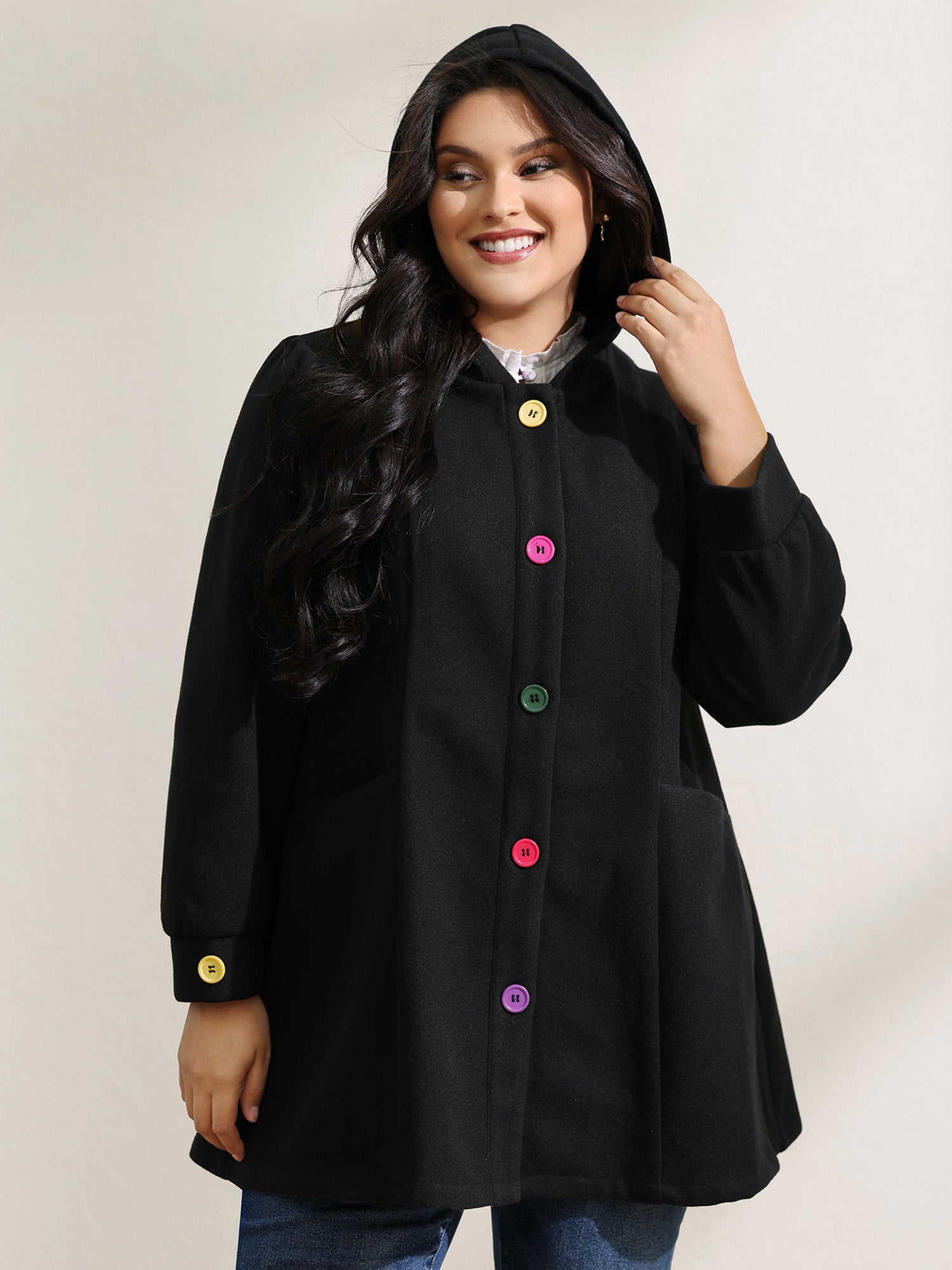 Colorful Buttons Hooded Pocket Coat