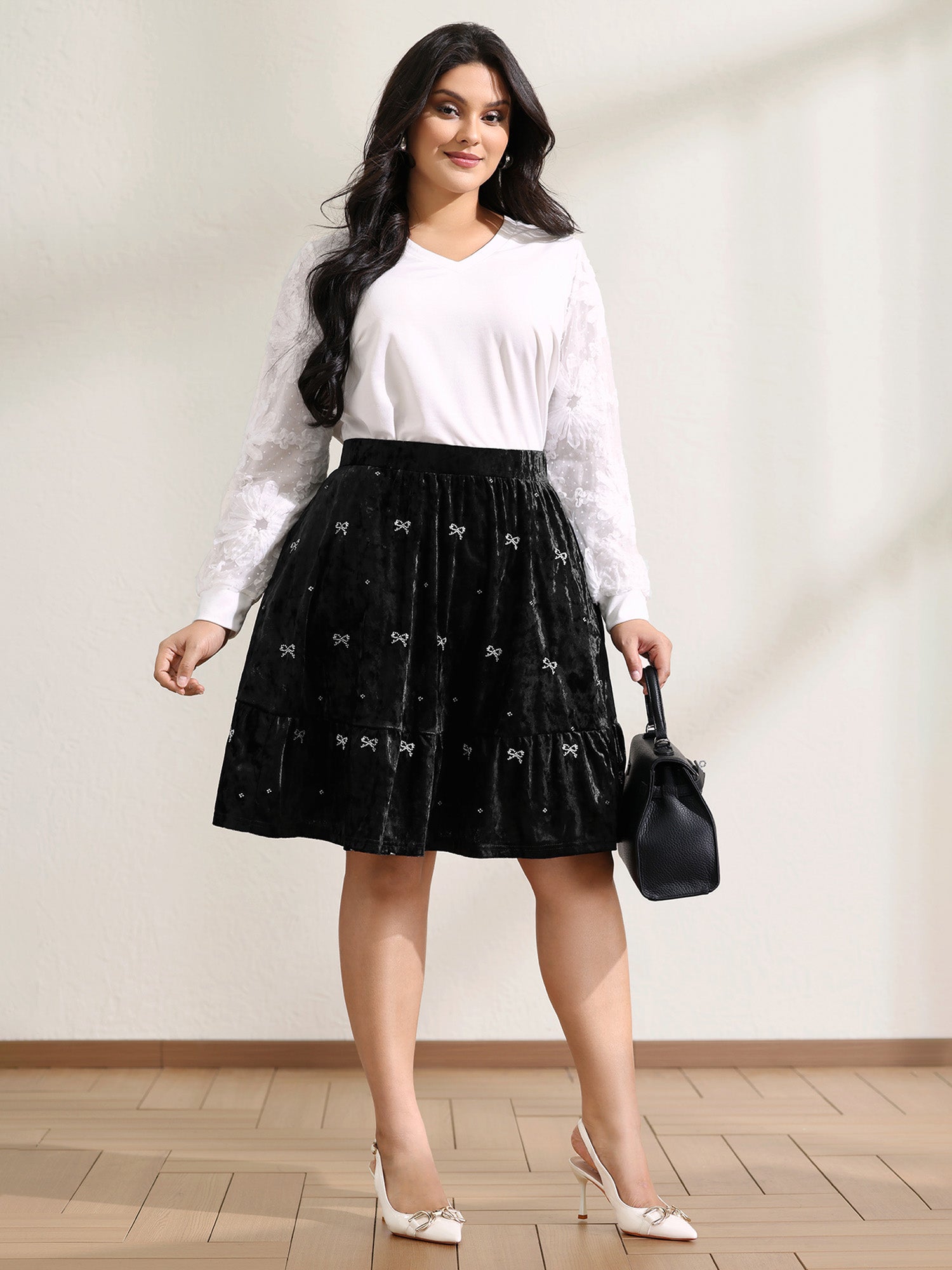 Velvet Bowknot Ruffled Mini Skirt