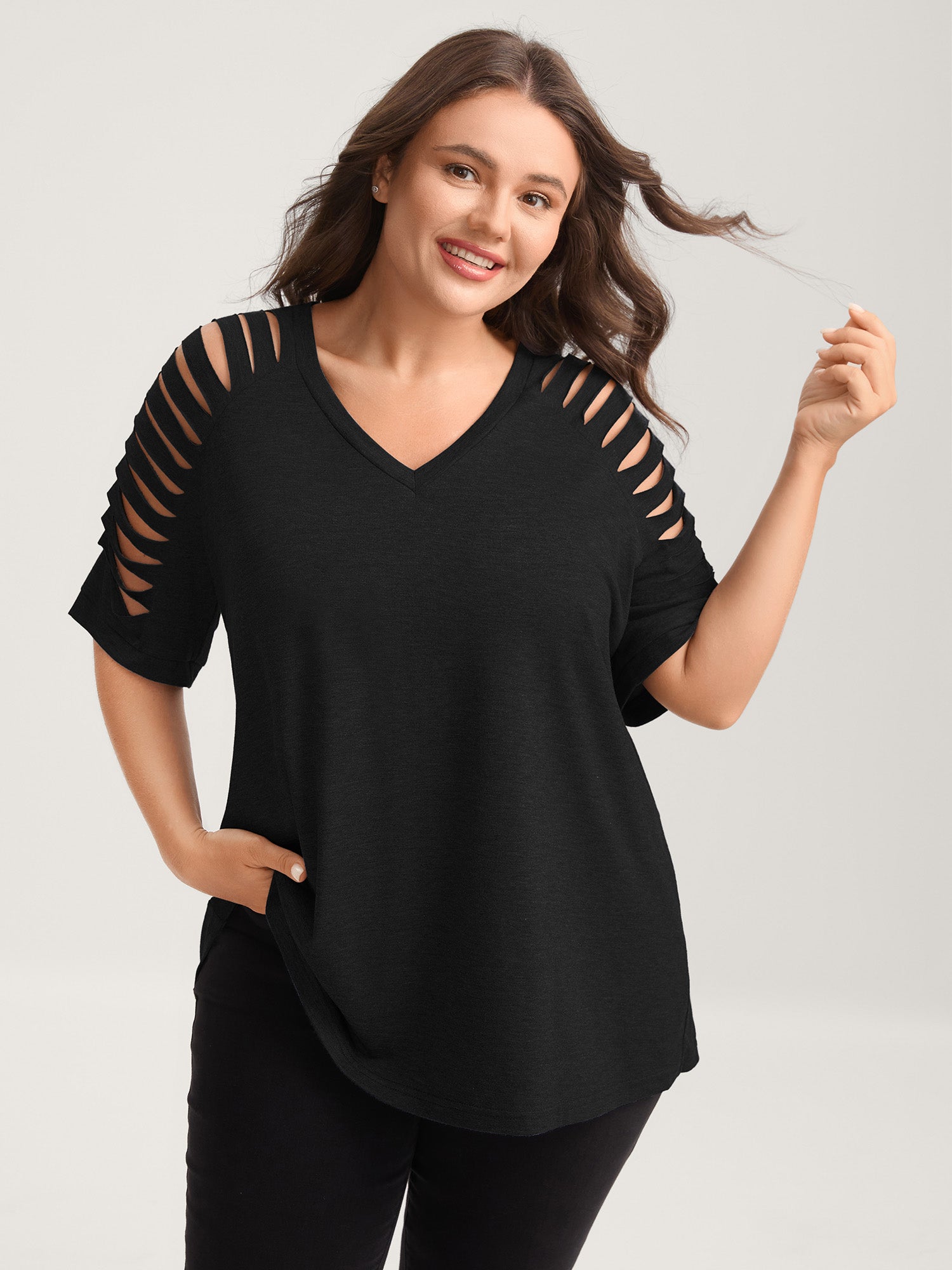Cut-Out Sleeve V Neck T-Shirt
