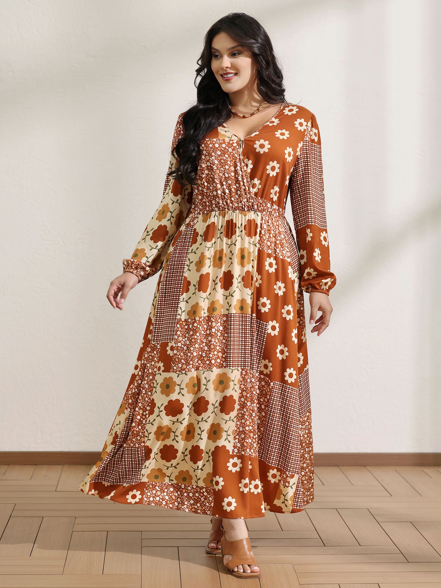 Floral Collage Print Lantern Sleeve Maxi Dress