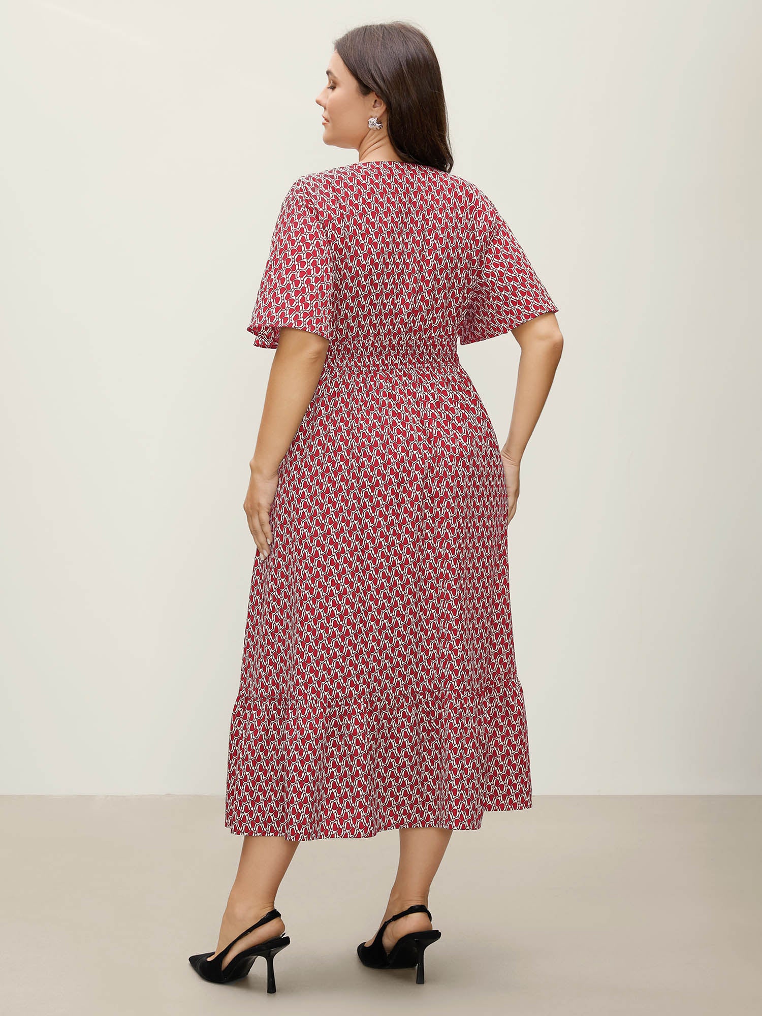 Geometric Print Waist-Cinched Tiered Midi Dress