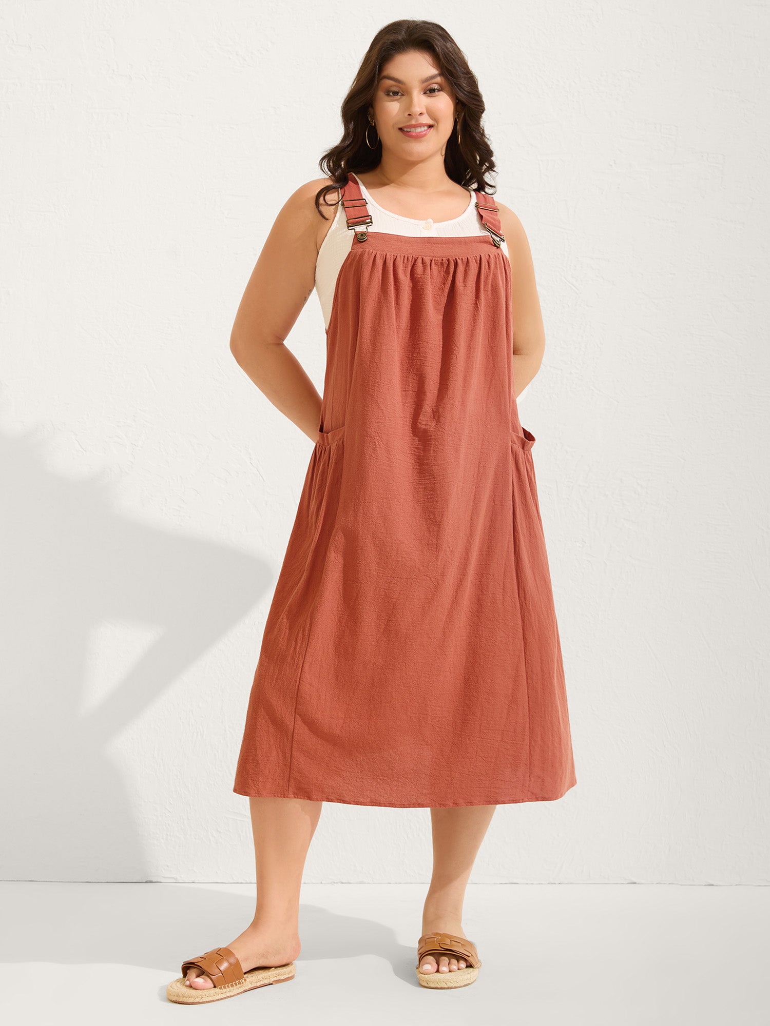 Pure Cotton Pleated Pockets Midi Dress