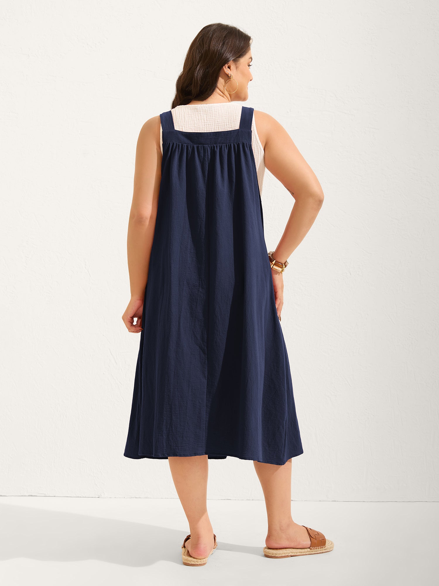 Pure Cotton Pleated Pockets Midi Dress