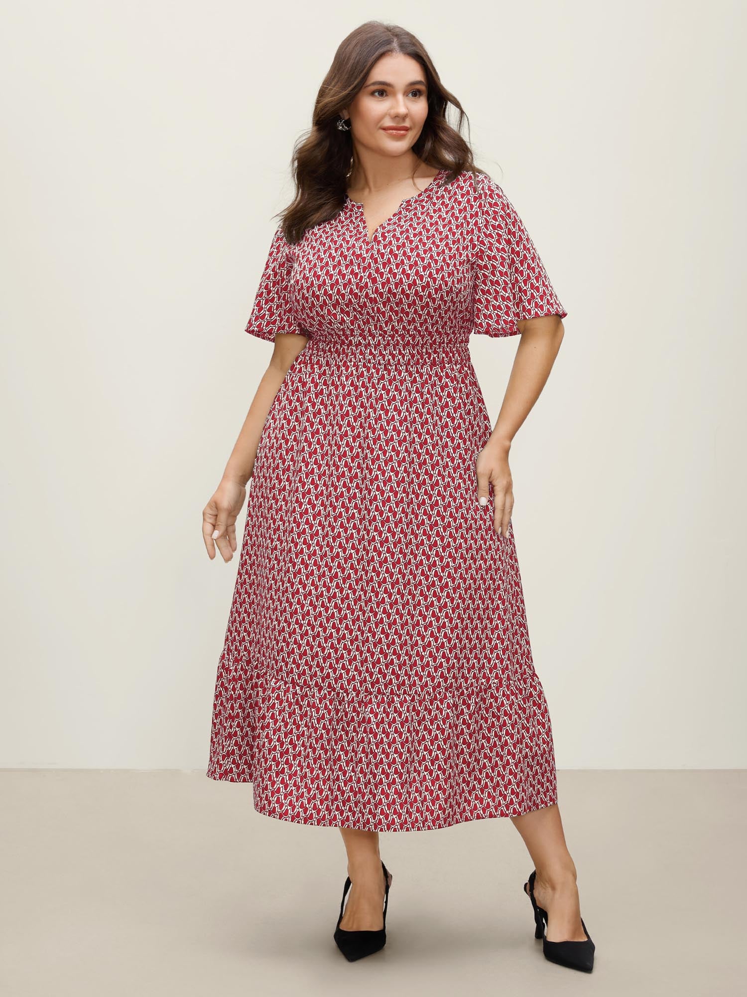 Geometric Print Waist-Cinched Tiered Midi Dress