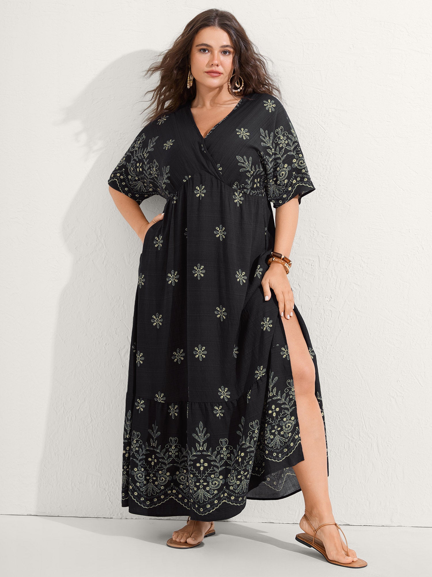 Surplice Neck Split Side Pockets Midi Dress