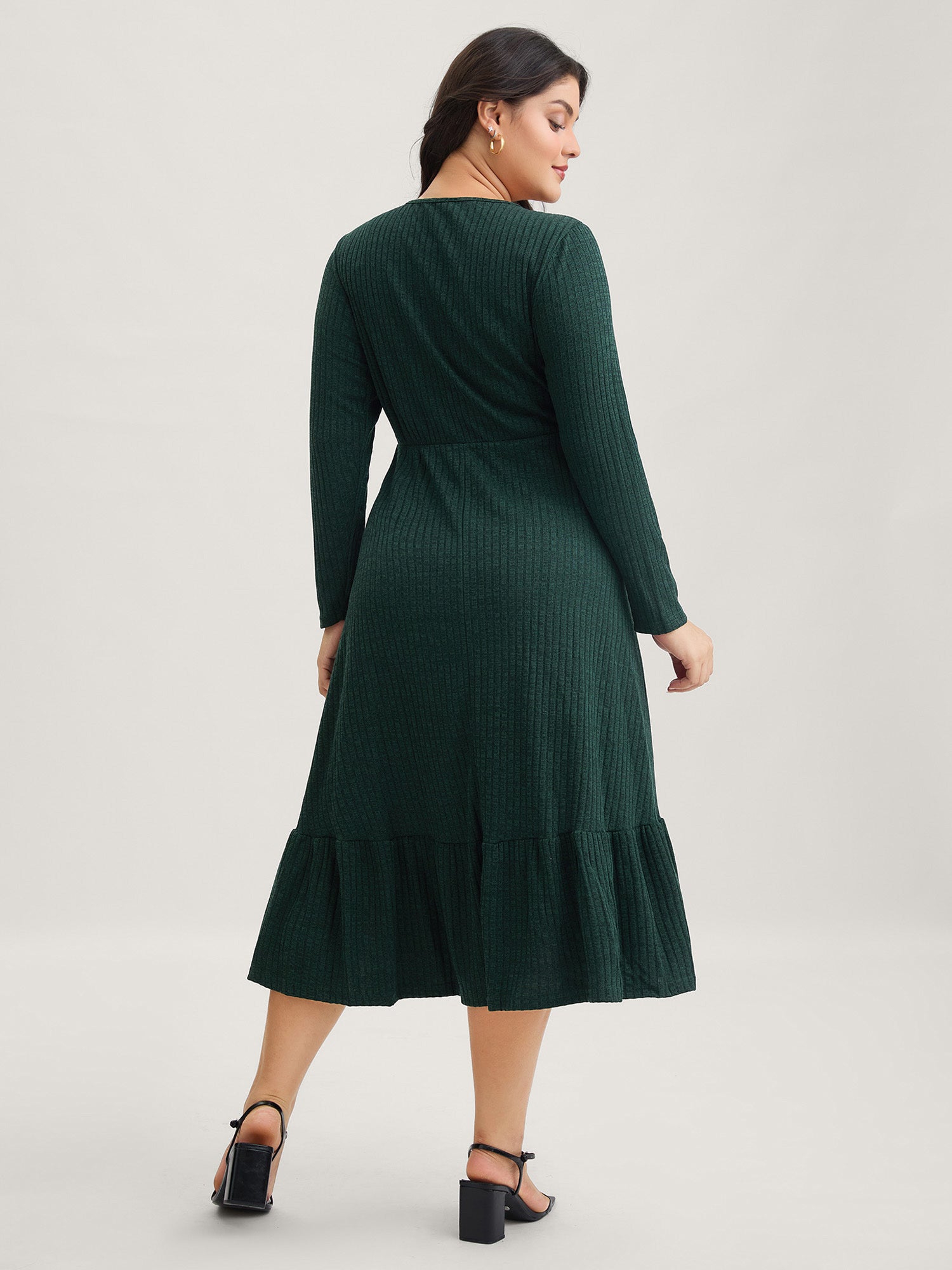 Solid Pocket Rib Knit Ruffle Hem Dress Without Belt