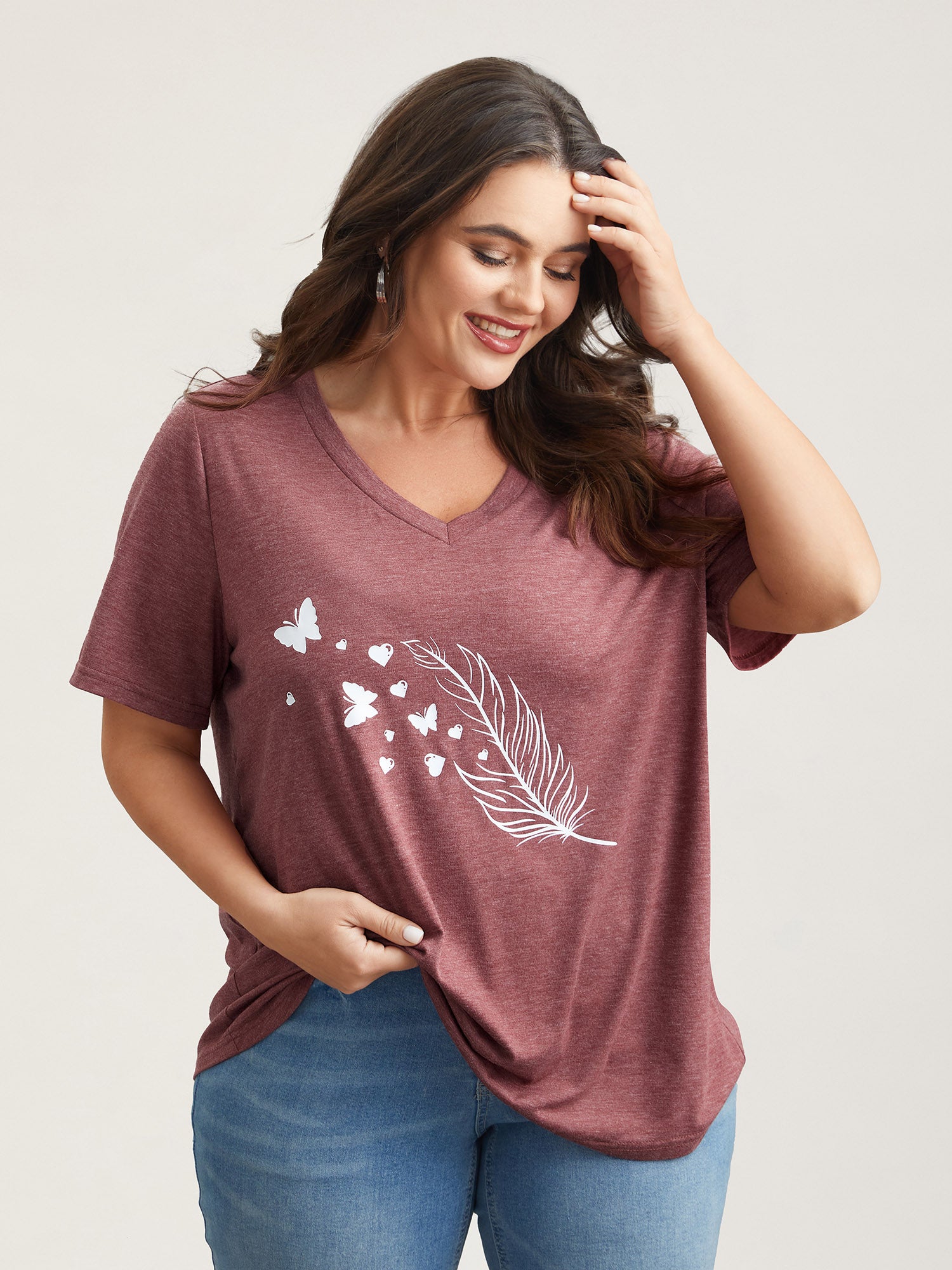 Feather Print V-Neck Fitted T-Shirt