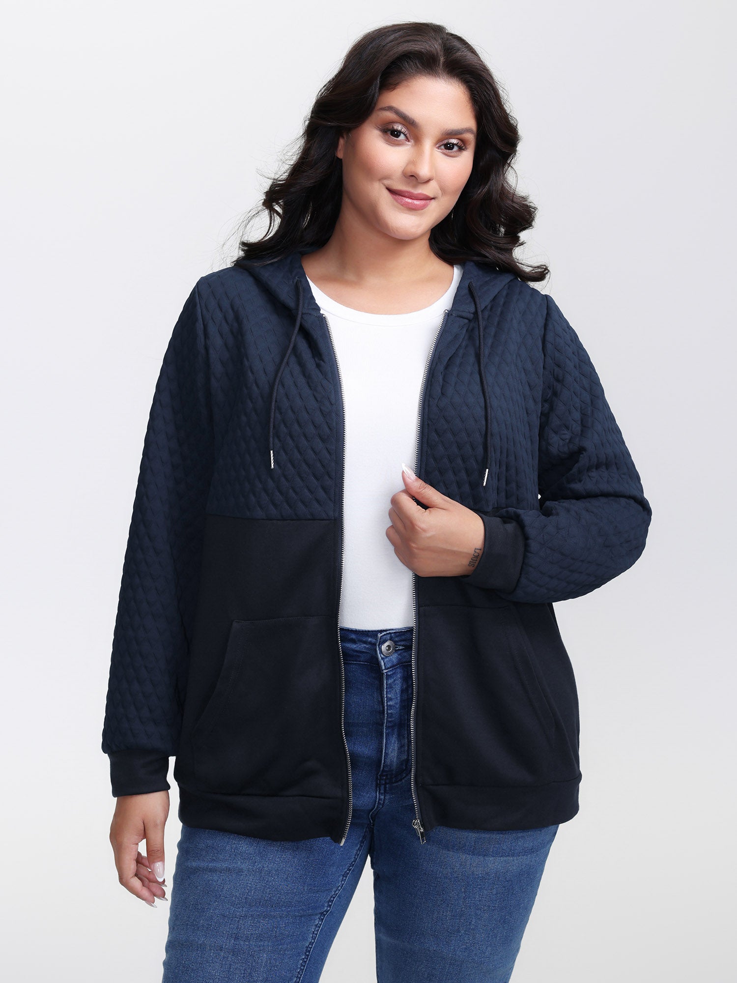 Textured Zipper Front Hoodie Jacket