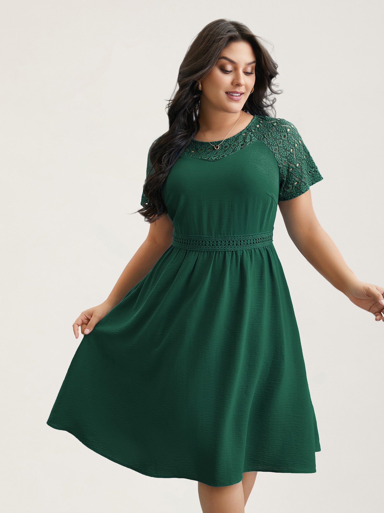 Lace Cut-Out Raglan Sleeve Pockets Midi Dress