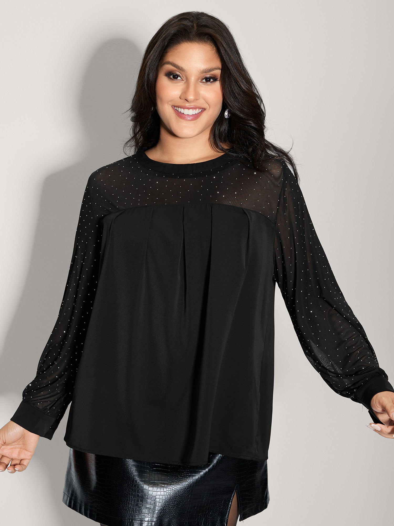 Hotfix Rhinestones Sheer Blouse