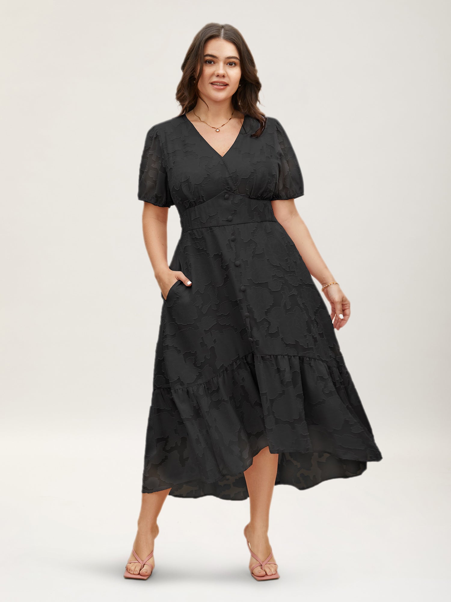 Solid Textured Lantern Sleeve Button Detail Dress