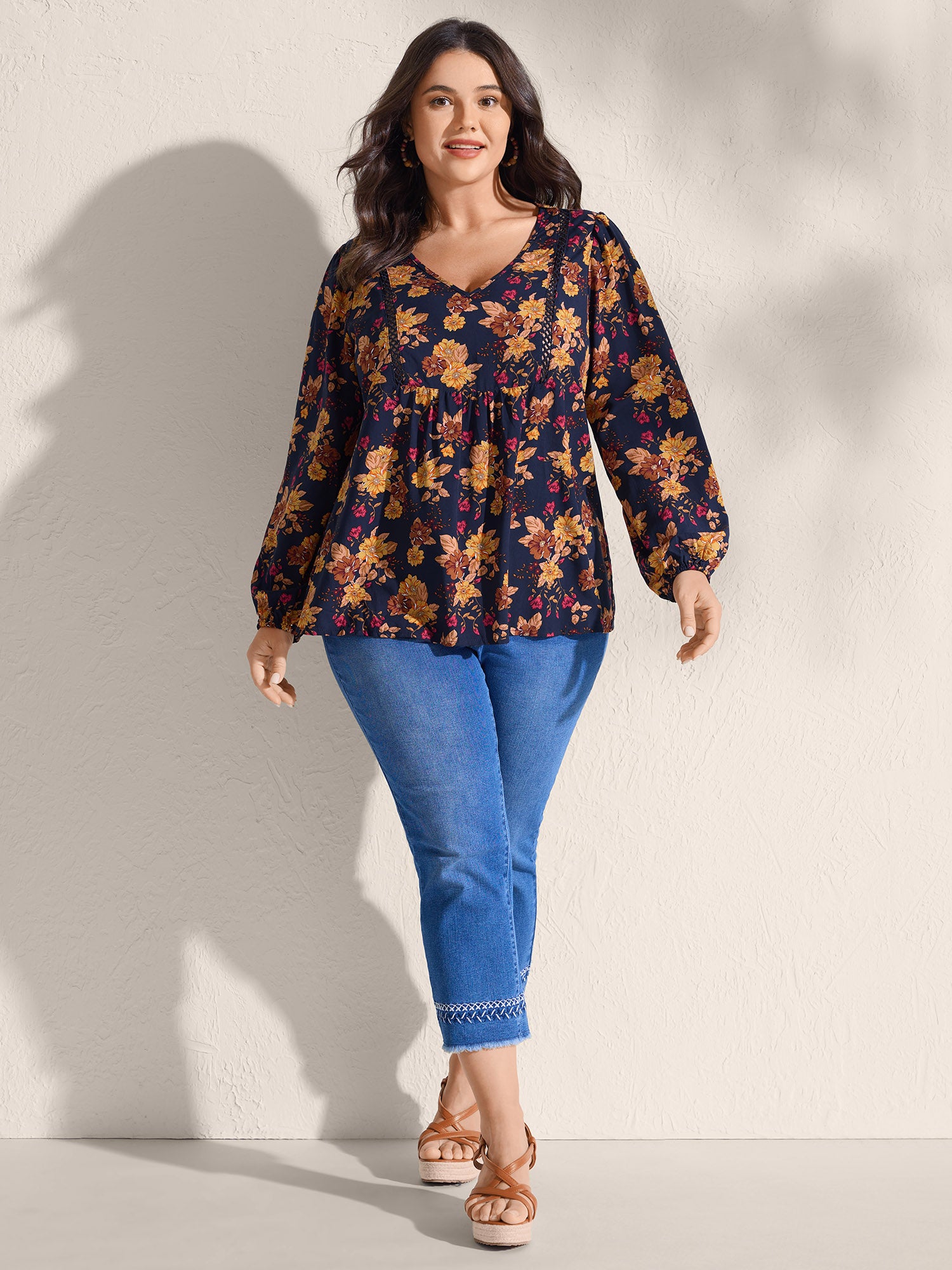 Fall Florals Lace Trim Flowy Blouse