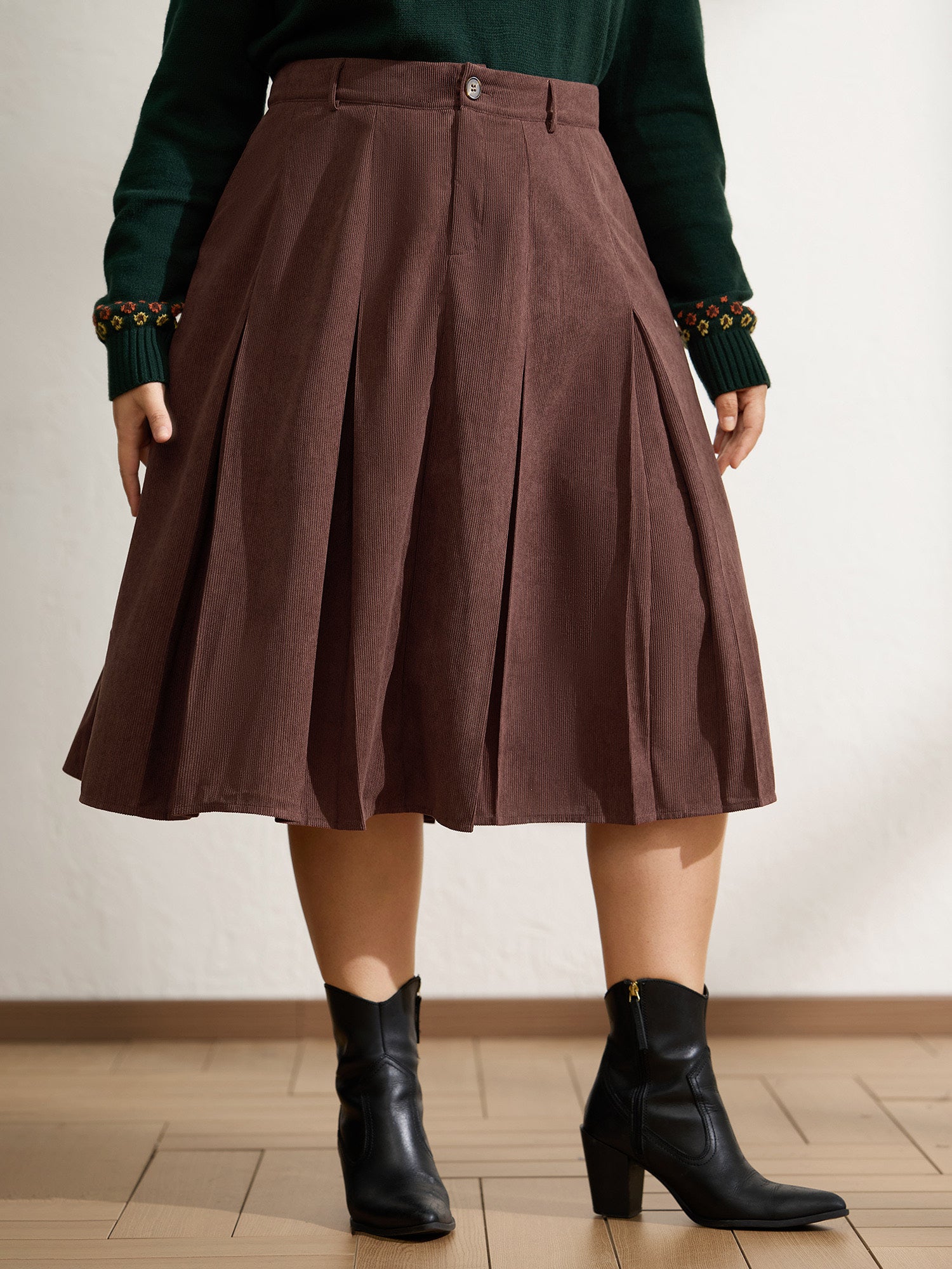 Pleated Waist-Defining Midi Skirt
