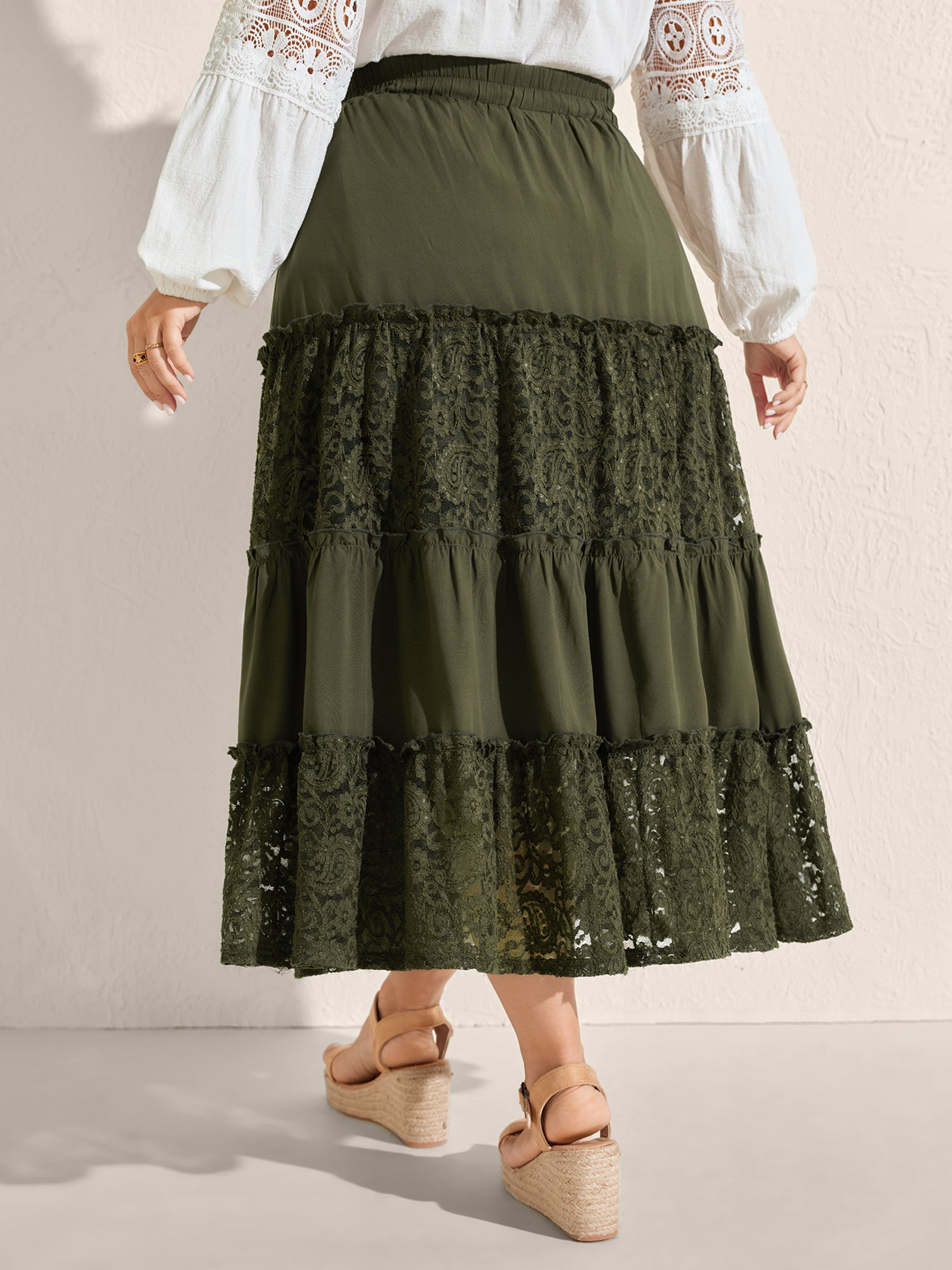 Lace Trim Flowy Tiered Maxi Skirt