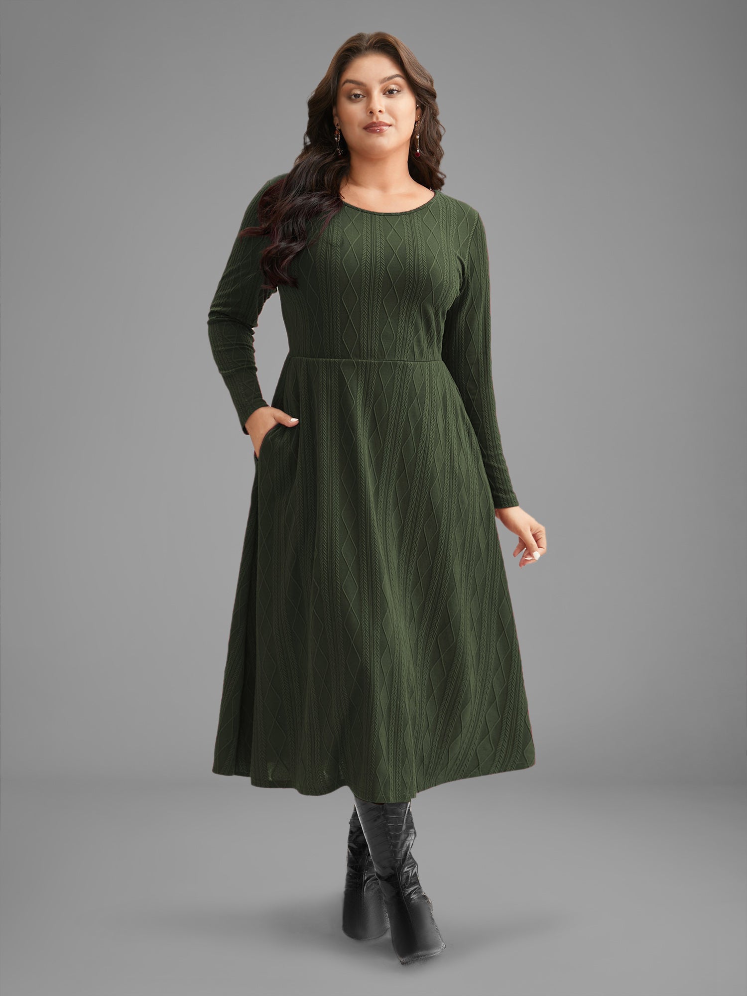 Textured Knit Fit-And-Flare Midi Dress