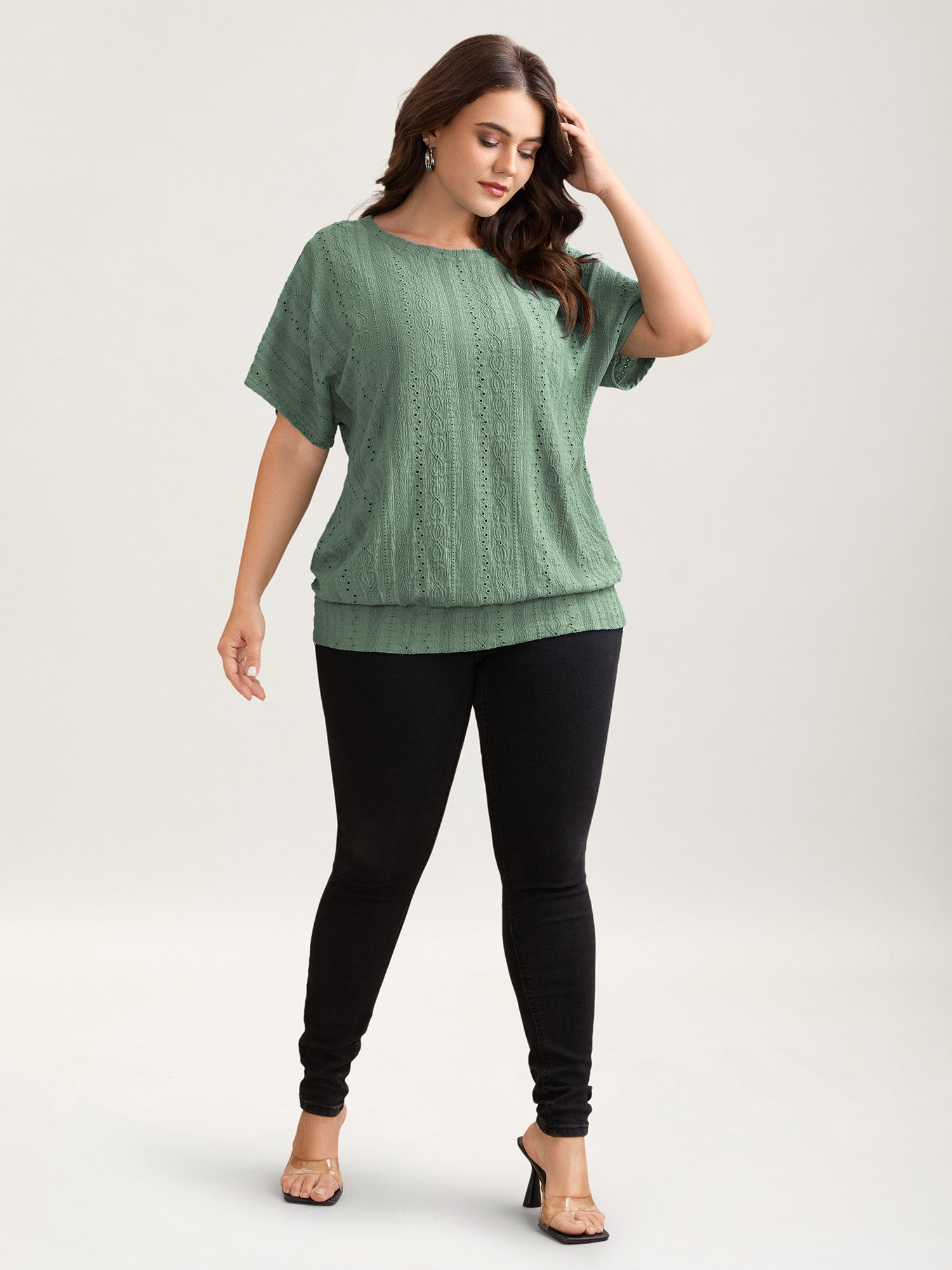 Eyelet Trim Stretchy Textured Plain Top