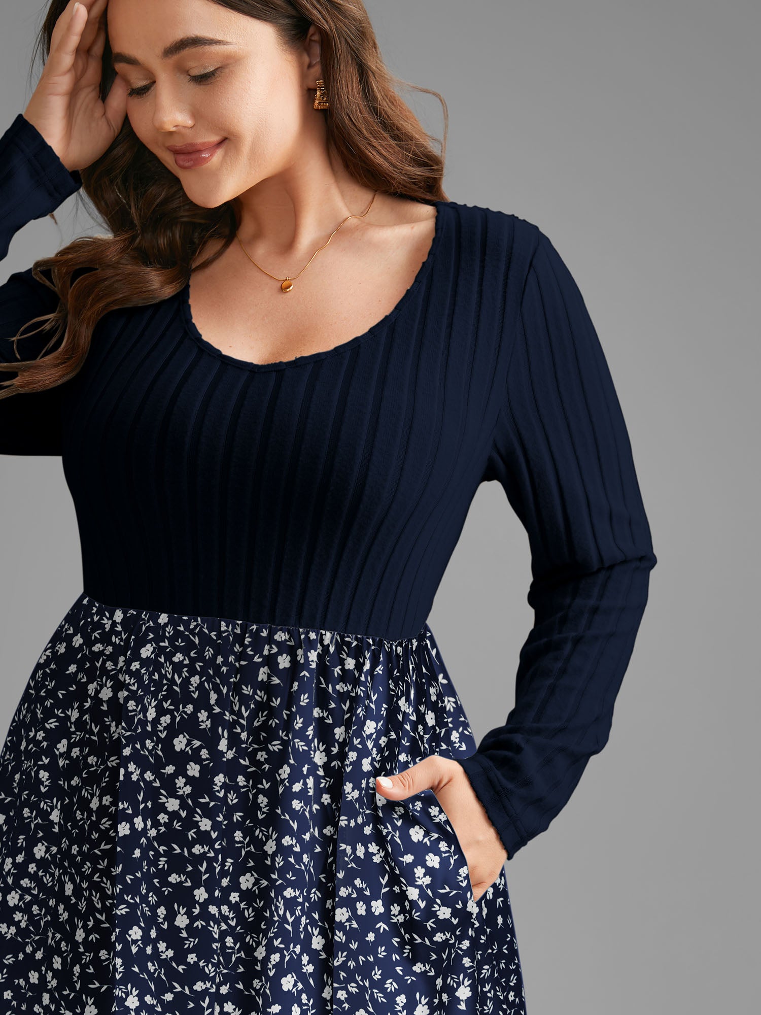 Ditsy Floral Patchwork Texture Midi Dress