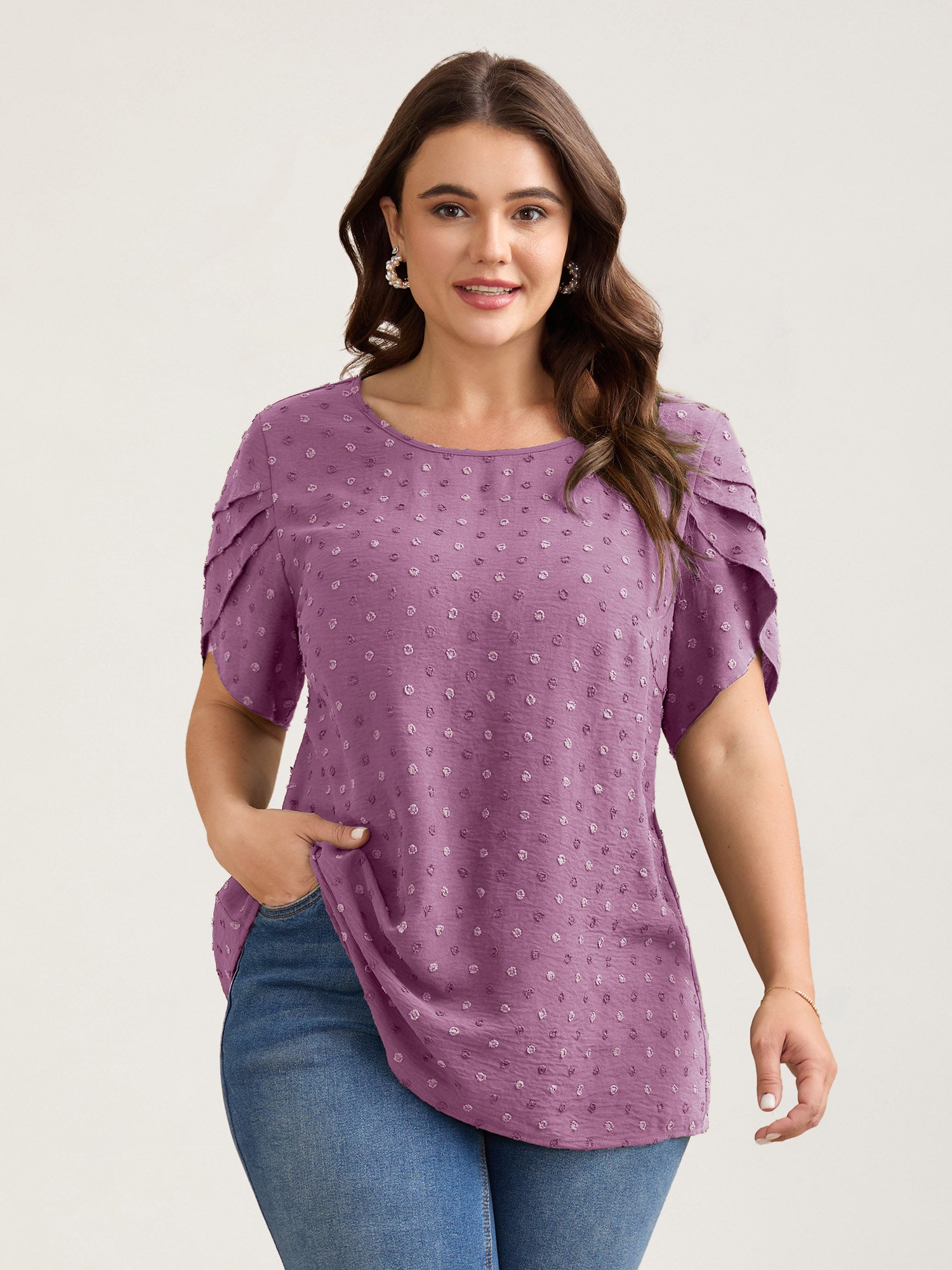 Textured Color Contrast Petal Sleeve Blouse