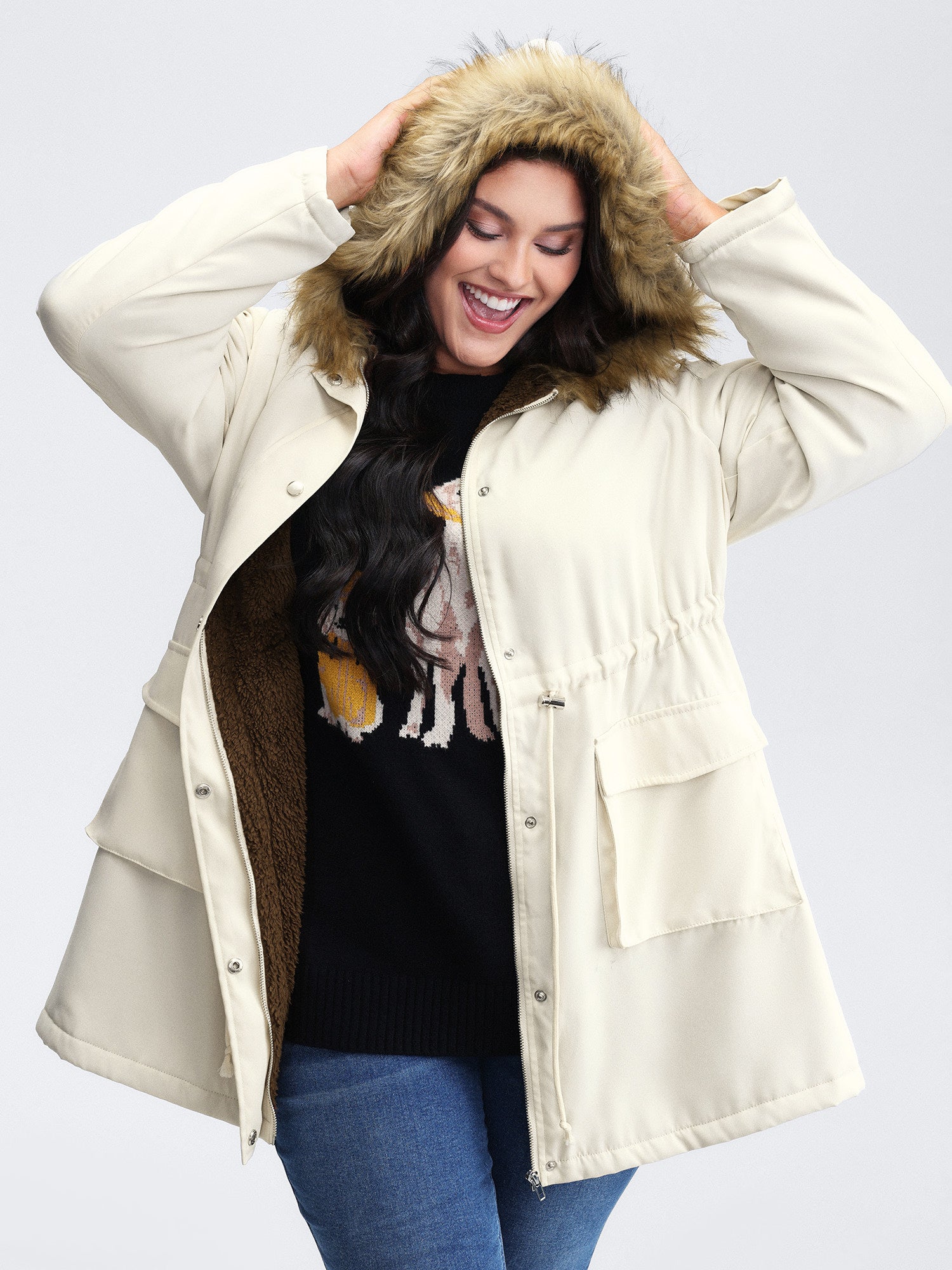 Fur Collar Adjustable Drawstring Quilted Jacket