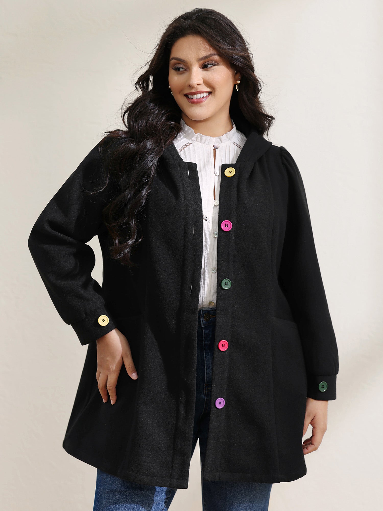 Colorful Buttons Hooded Pocket Coat