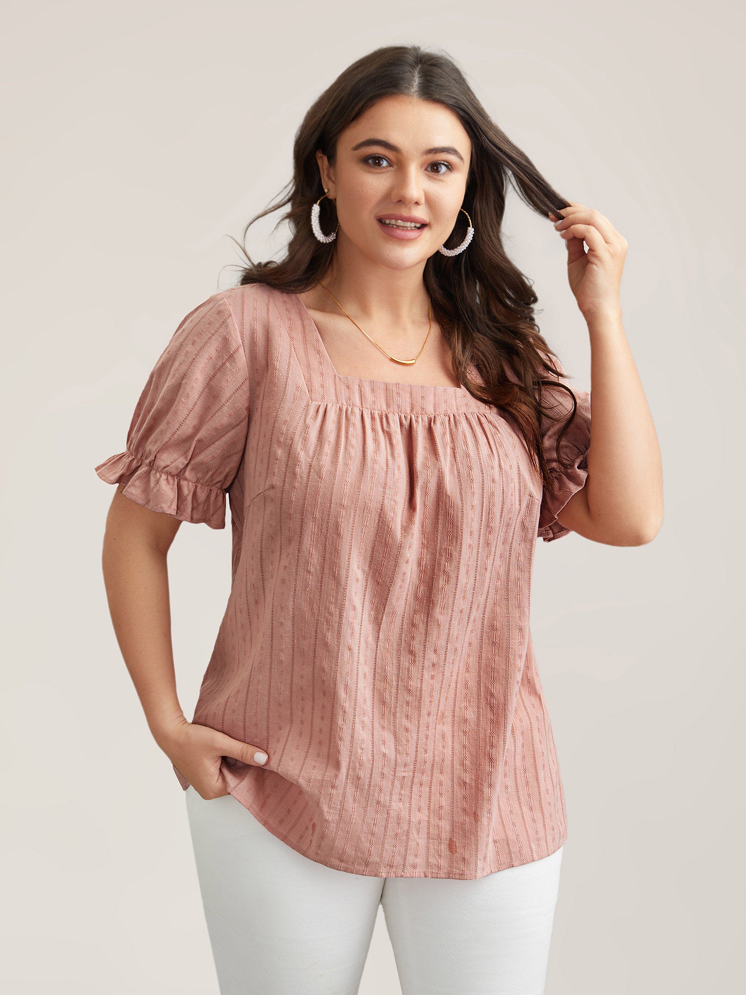 Cotton Square Neck Ruffled Sleeve Shirt