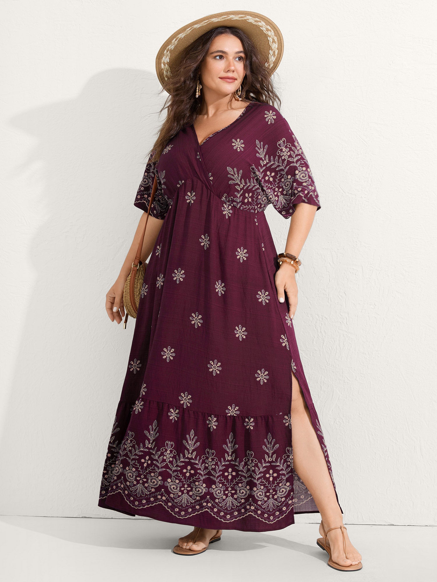 Surplice Neck Split Side Pockets Midi Dress