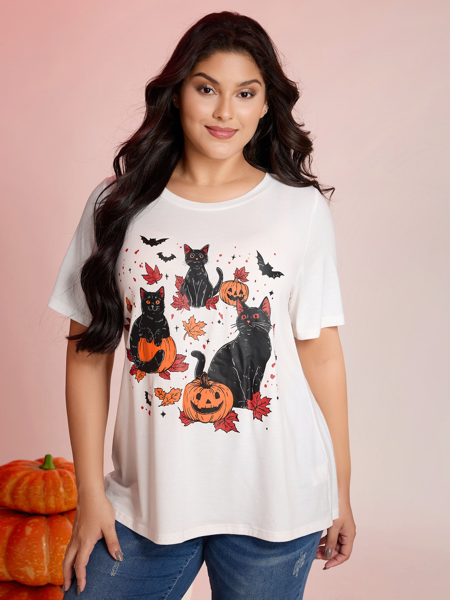 Halloween Cat Print Round Neck T-Shirt