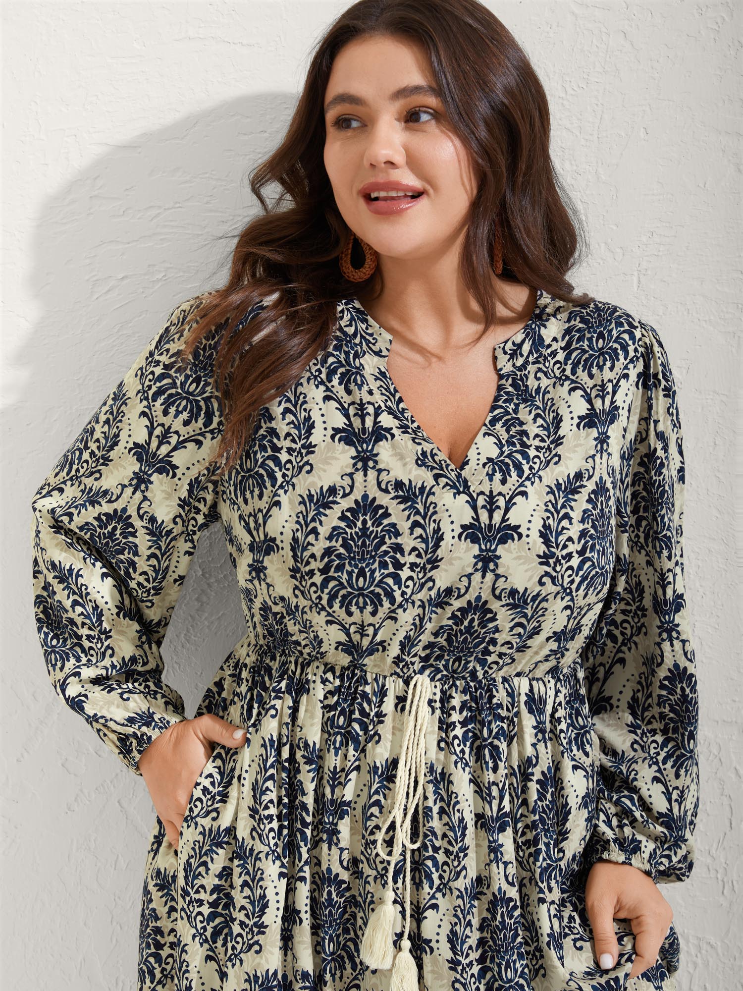 Boho Print Notched Tie Knot Maxi Dress