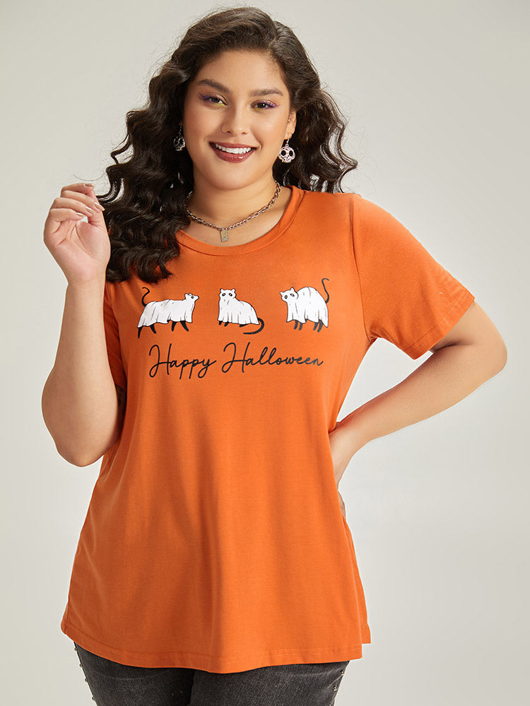Halloween Letter & Animals Crew Neck T-shirt