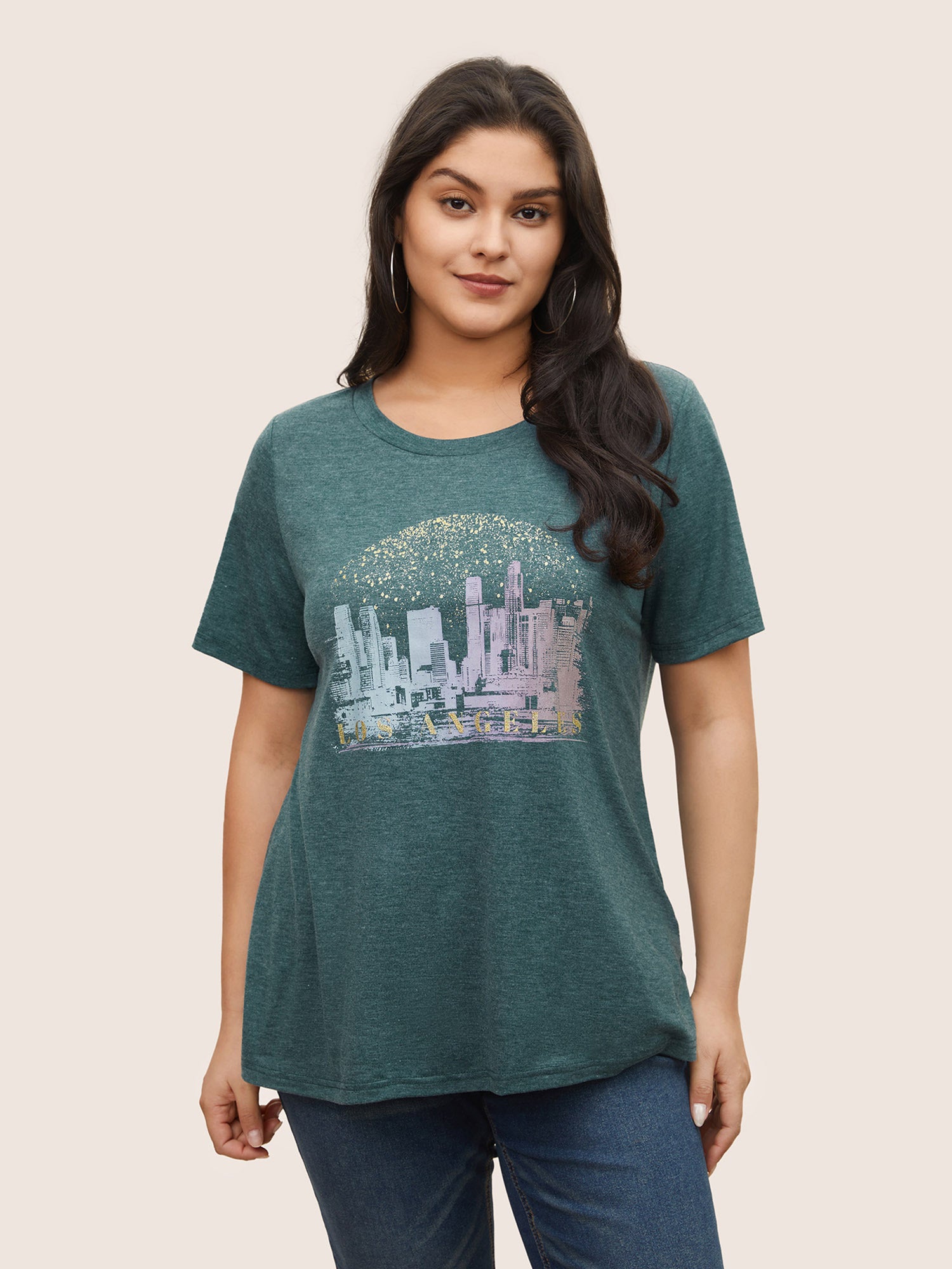 Solid Heather City Print Crew Neck T-shirt