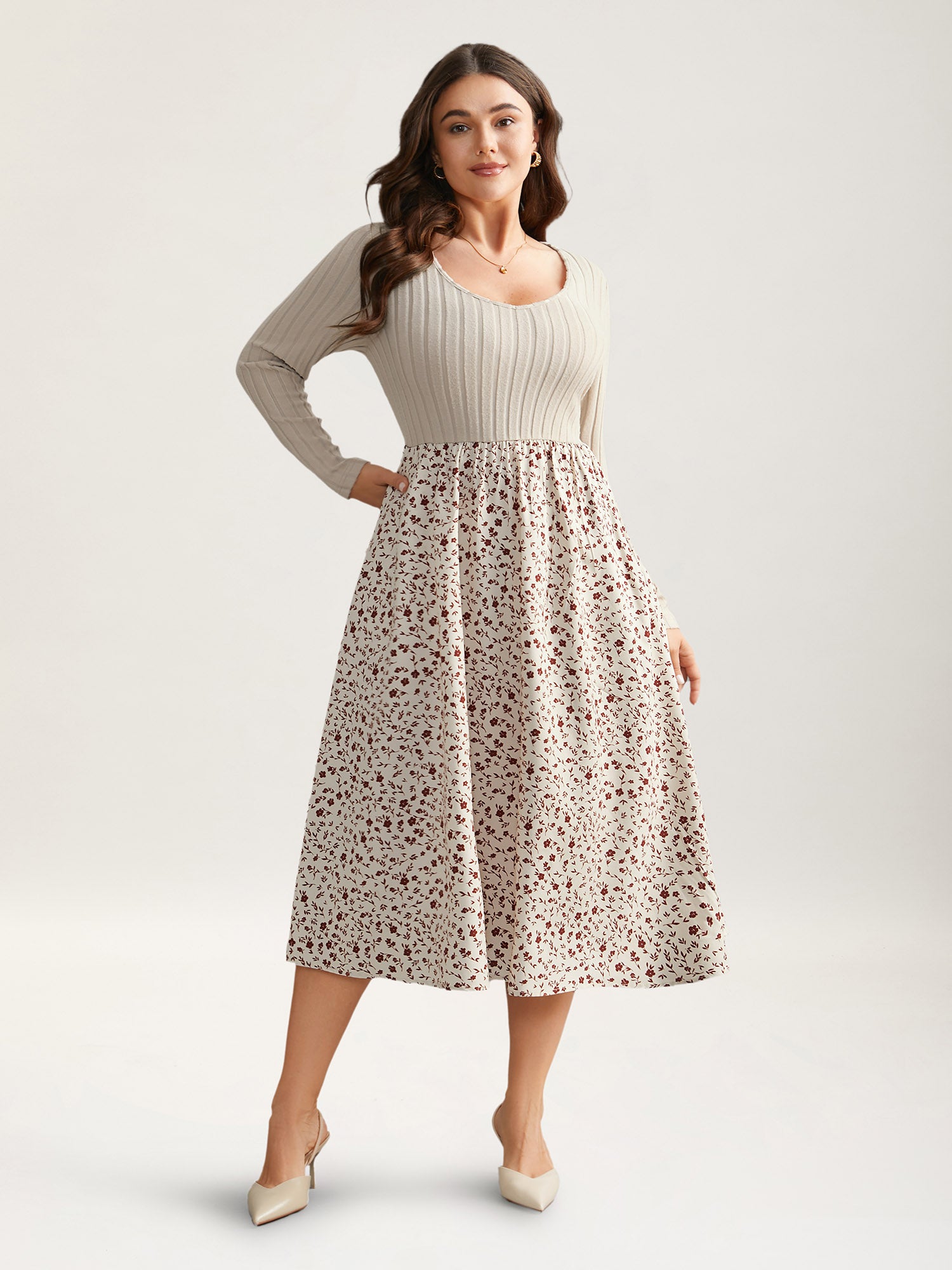 Ditsy Floral Patchwork Texture Midi Dress