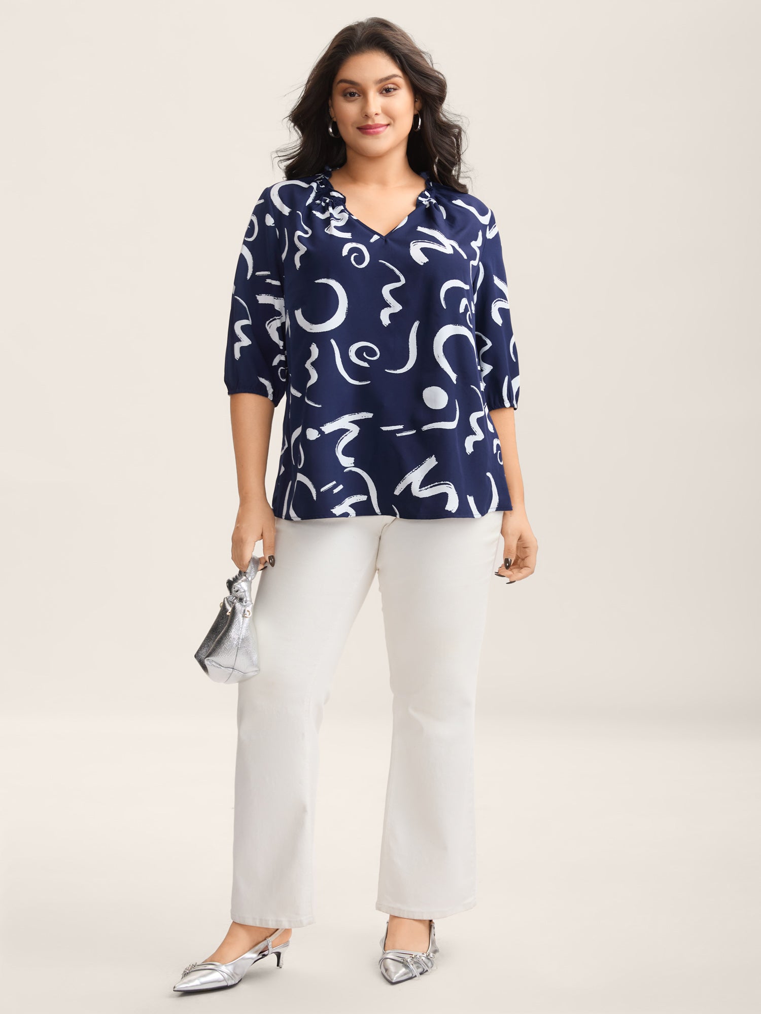 Scribble Print Ruffled Split Neck Blouse