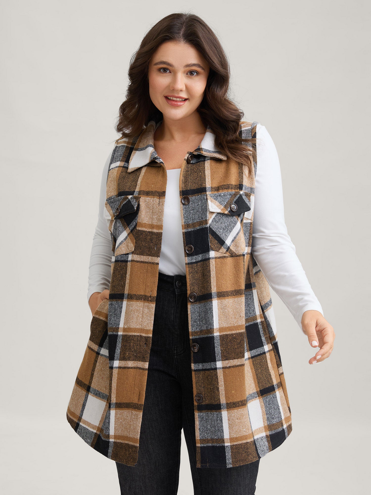 Plaid Flap Detail Sleeveless Jacket