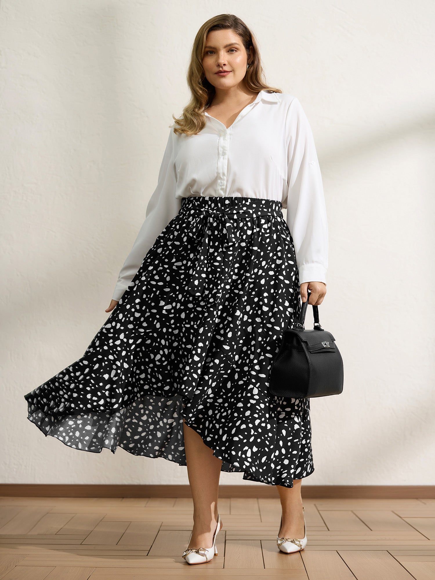 Polka Dots High Low Hem Midi Skirt