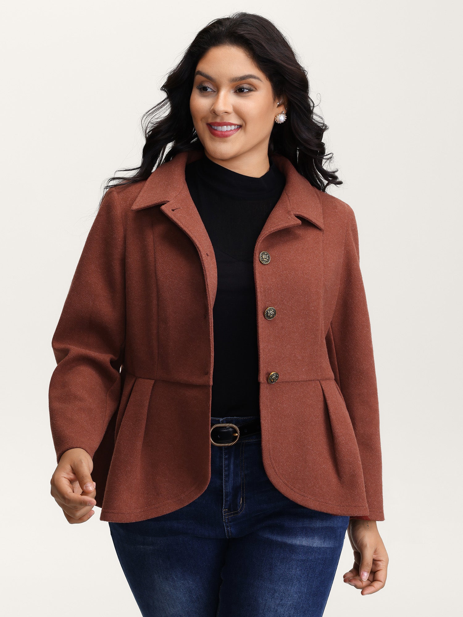 Pleated Curvy Hem Button Blazer