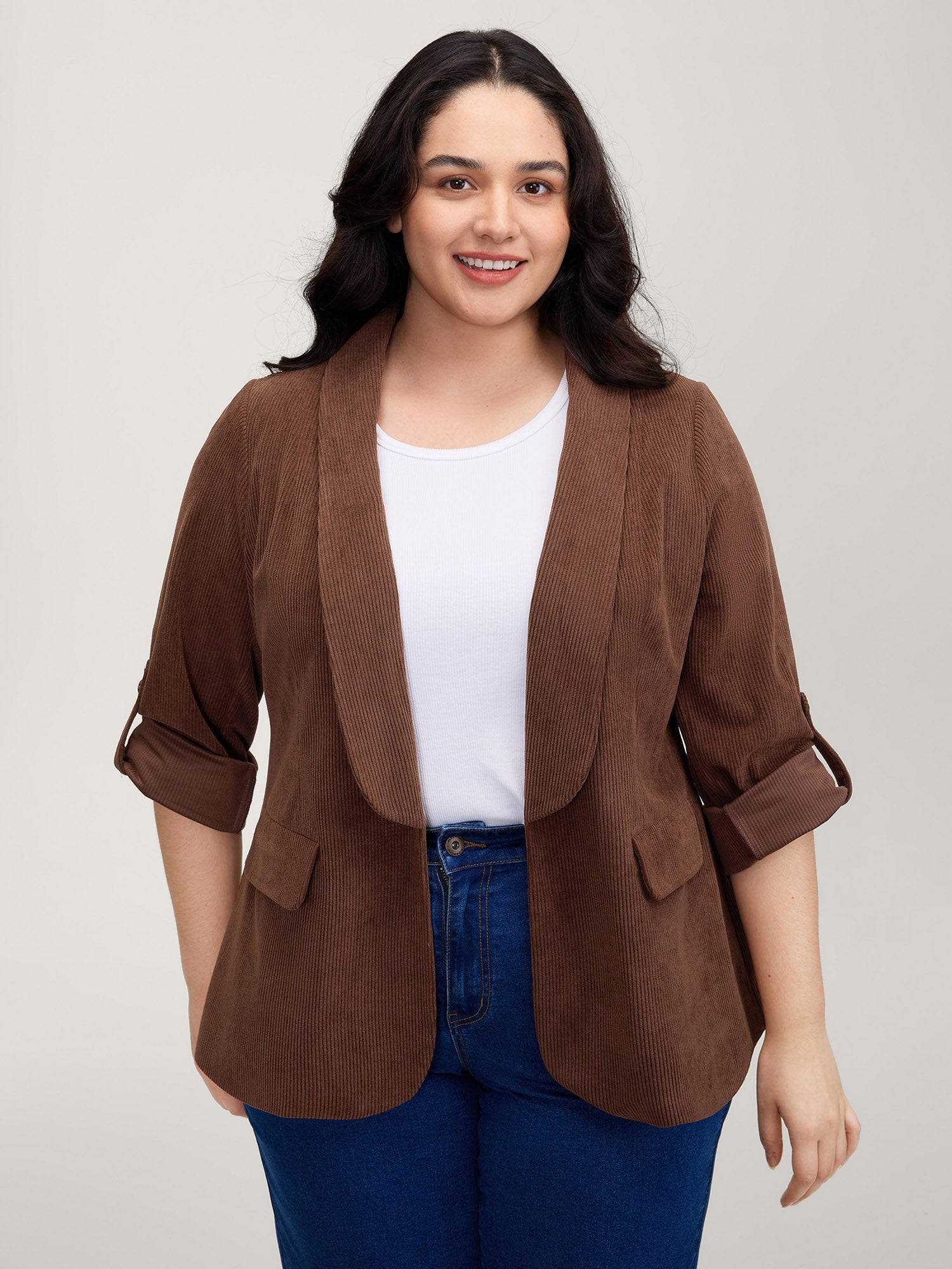 Corduroy Gathered Sleeve Ribbed Collar Blazer