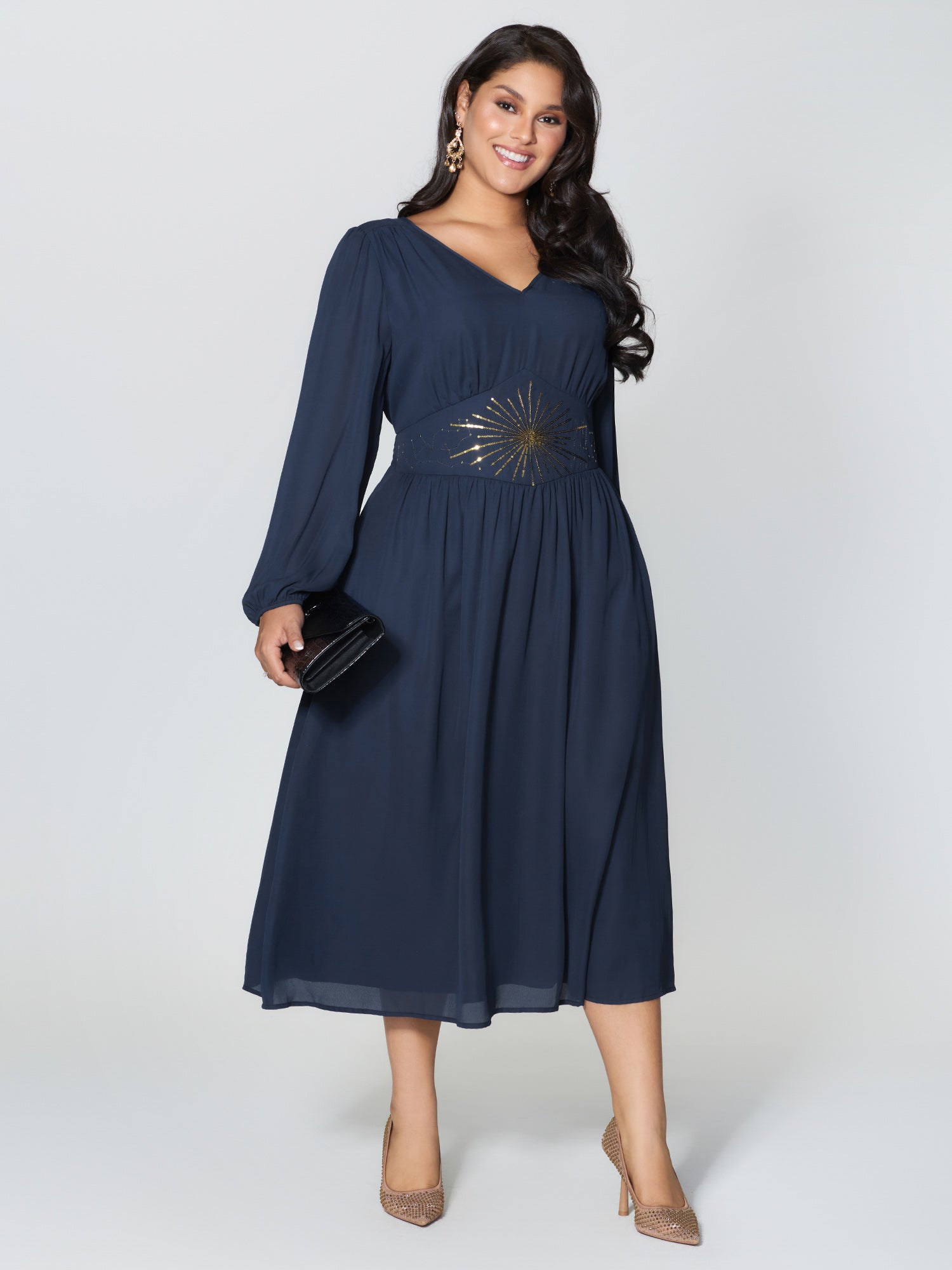 Gold Sequin Embroidery Sheer Shirred Midi Dress