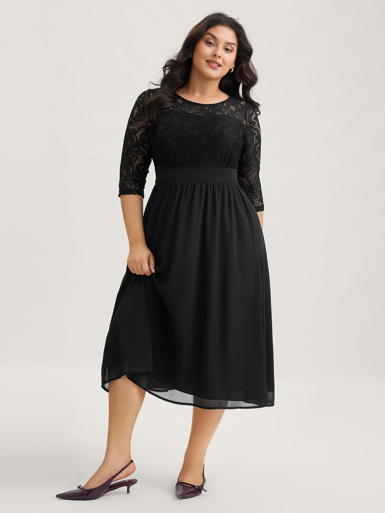 Lace Patchwork Shirred Midi Pocket Dress