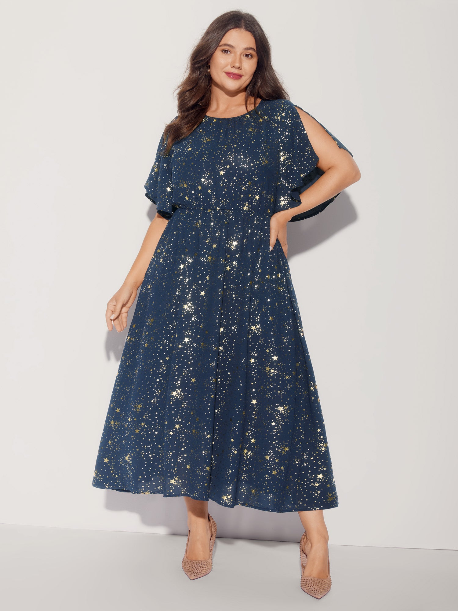 Glitter Star Split Sleeve Midi Dress