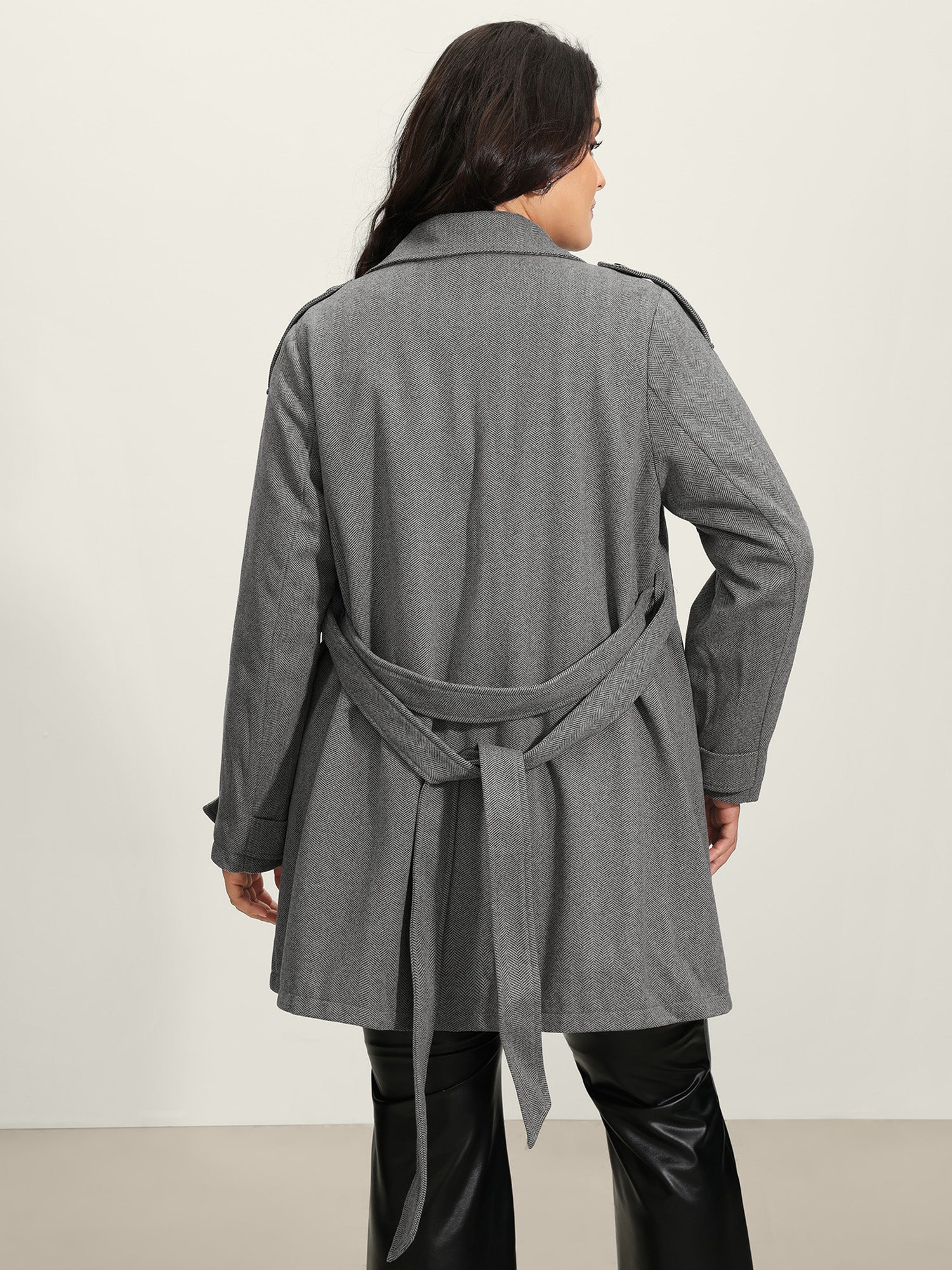 Herringbone Button Belted Lined Coat