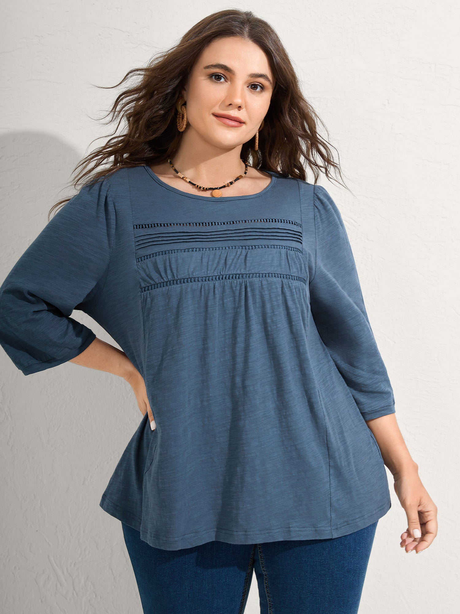 Cotton Lace Spliced Plain Knit Top