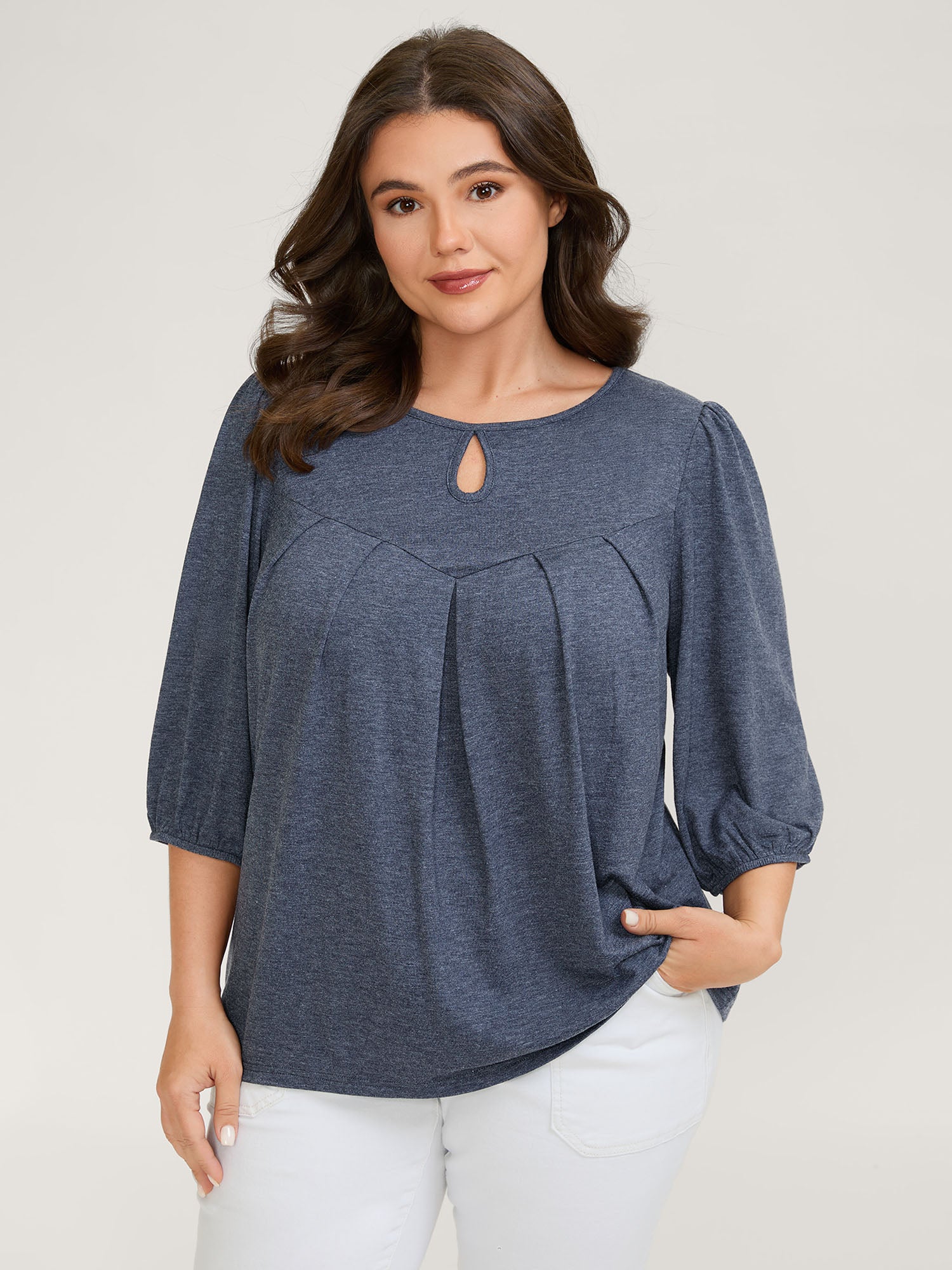 Pleated Neckline Cut-Out Knit Top