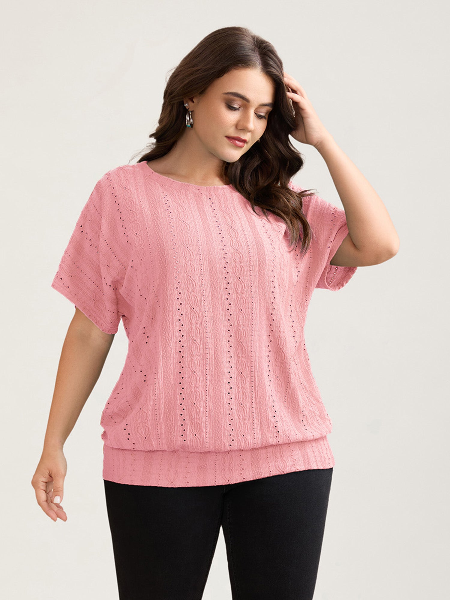 Eyelet Trim Stretchy Textured Plain Top